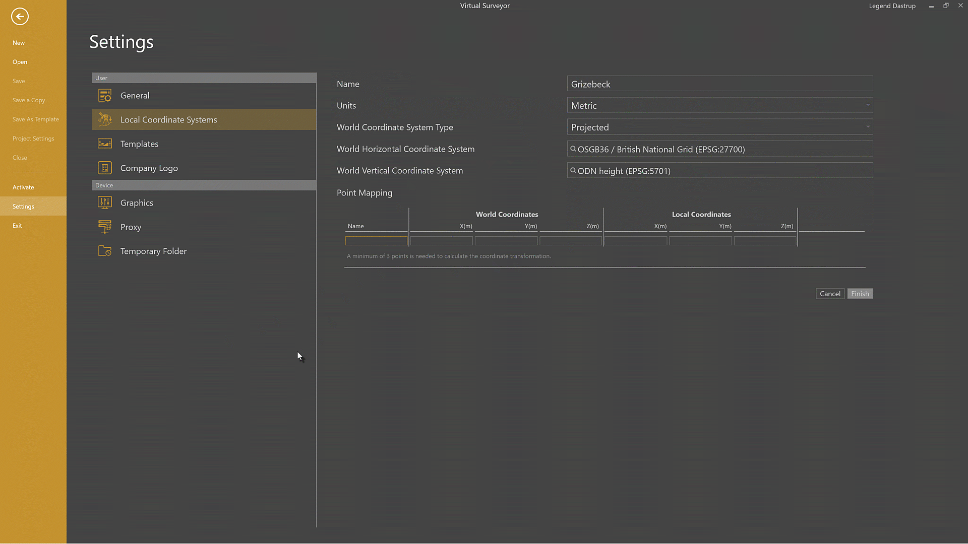 Inputting the projected and local coordinates of the control points