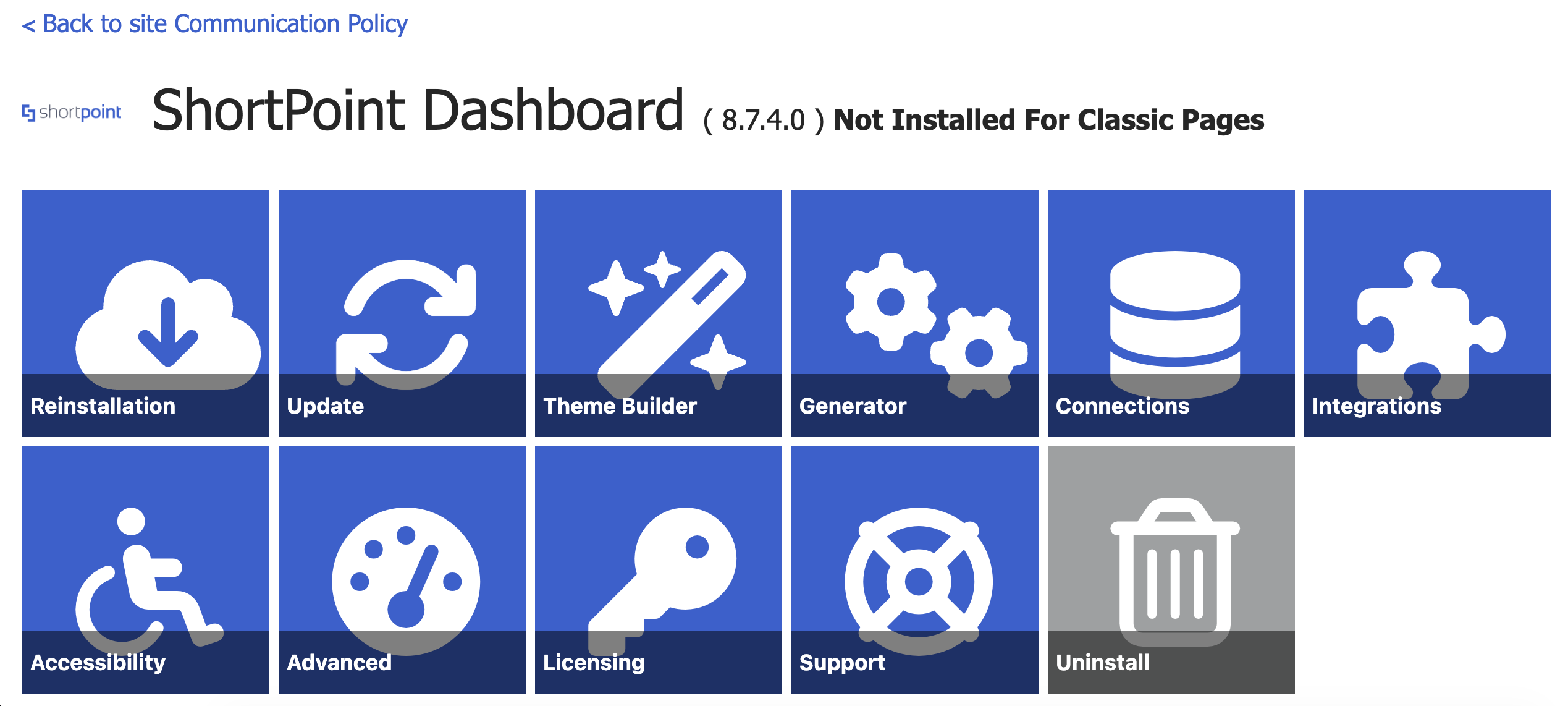 ShortPoint Dashboard page