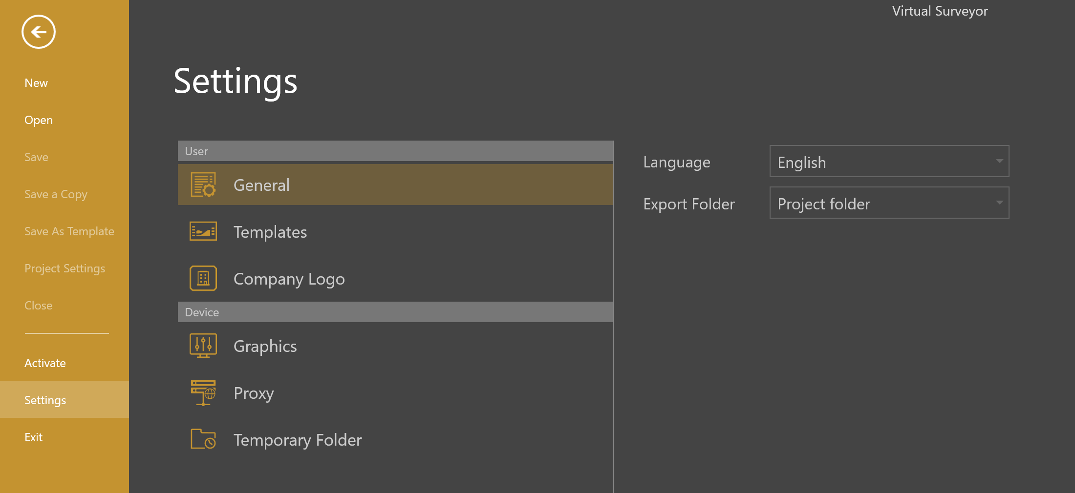 General settings for the VirtualSurveyor app that include Language and Export folder location. Language settings are also available in the TerrainCreator app.