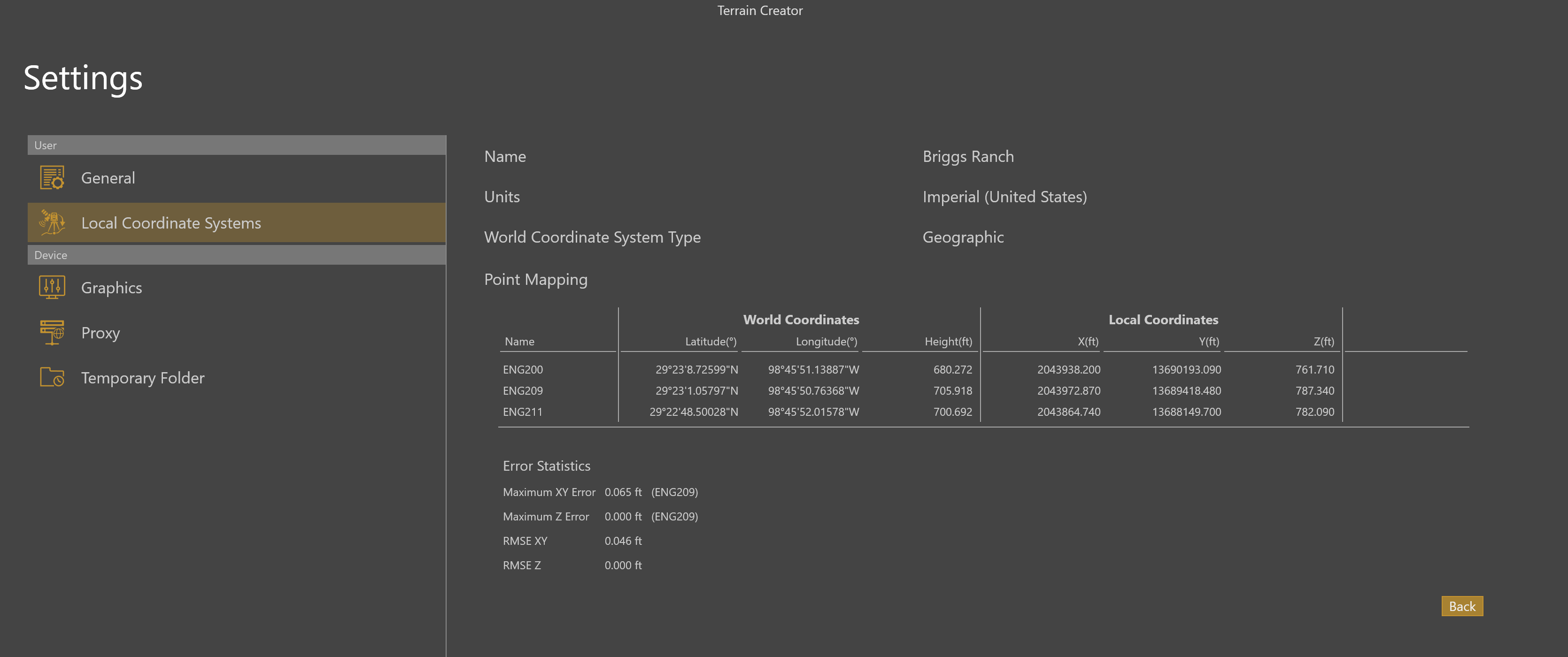 Local Coordinate Systems: the informational view of a selected local coordinate system.