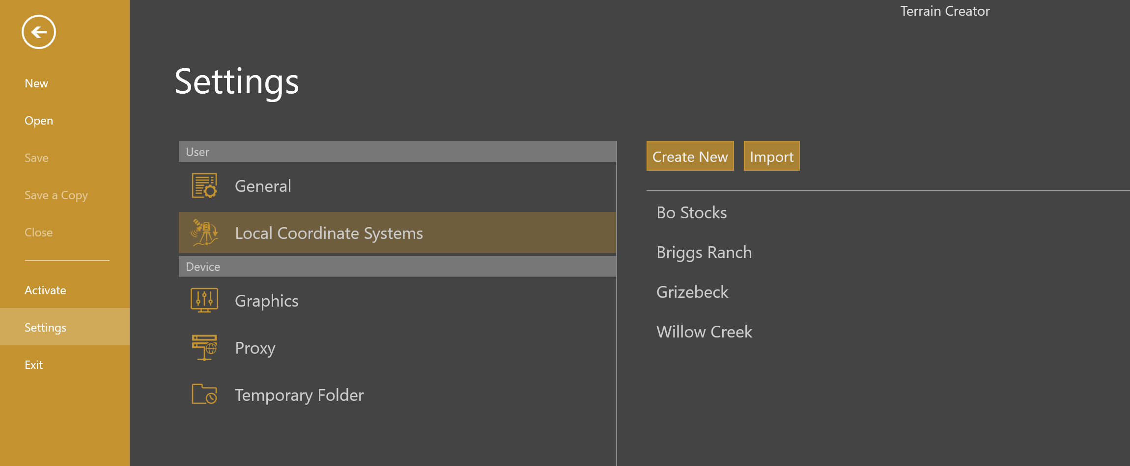 Local Coordinate Systems: Create New and Import buttons.