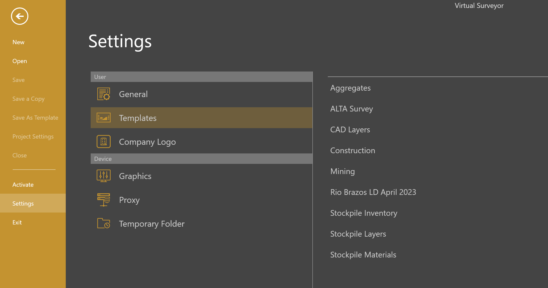 Layers and Materials list of created templates. You can rename or delete the templates from settings.