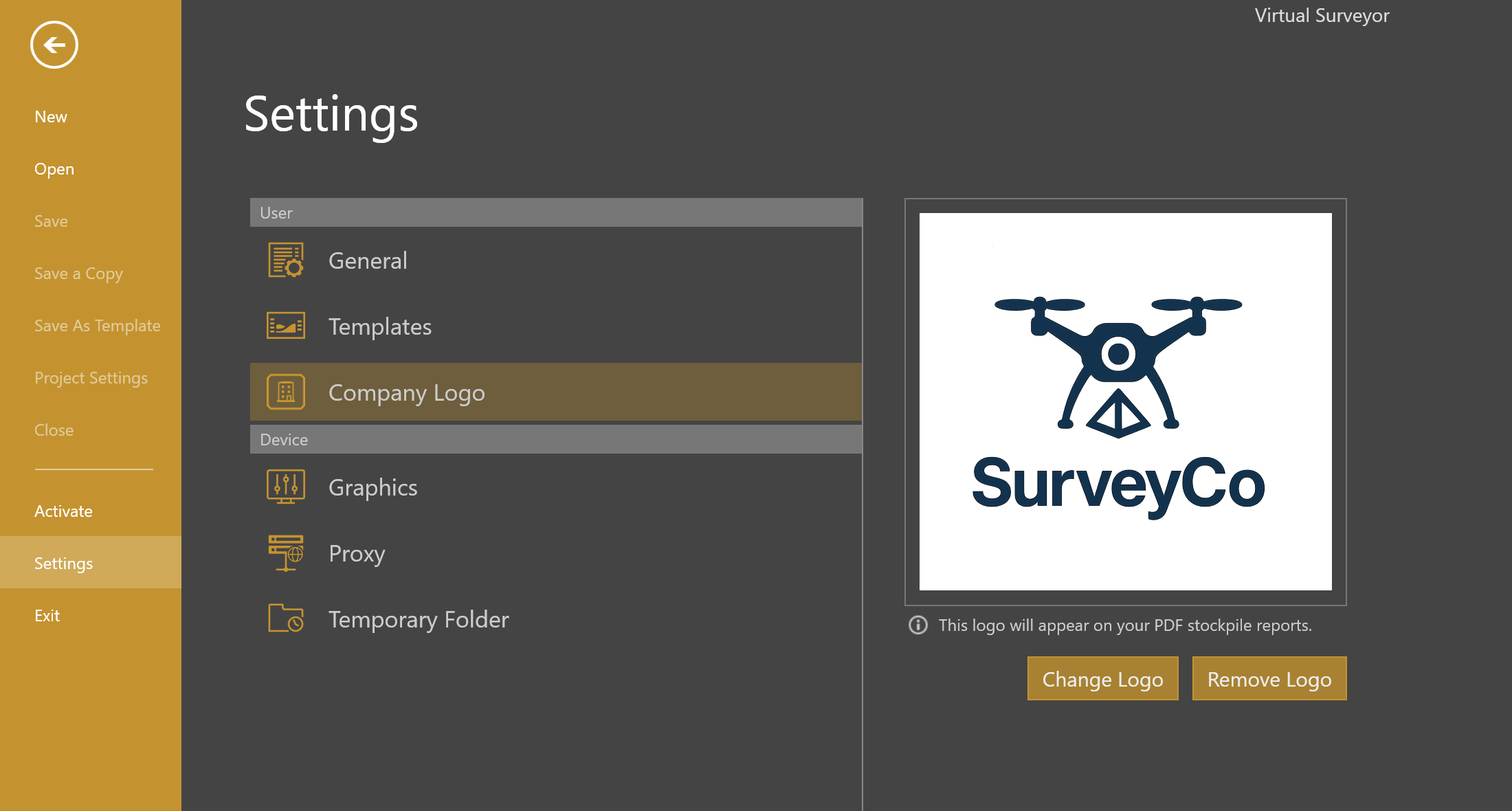 Save a company logo to your My Virtual Surveyor ID account. The logo saved to user settings will appear on your exported stockpile PDF reports.