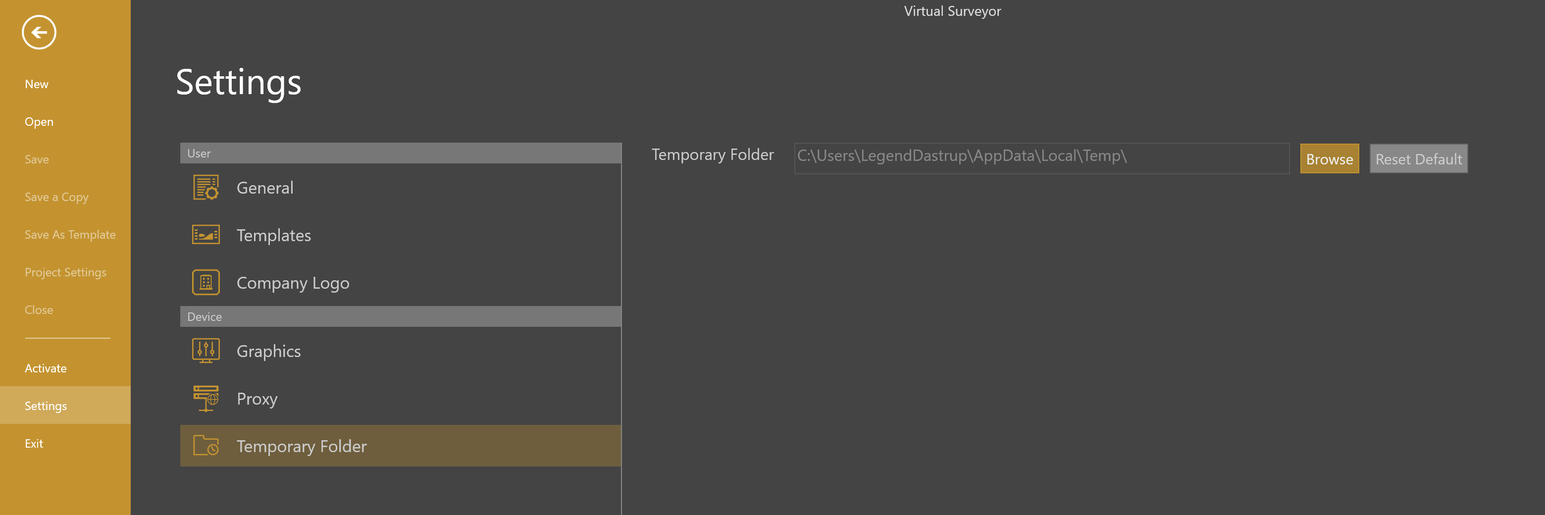 Temporary folder settings.