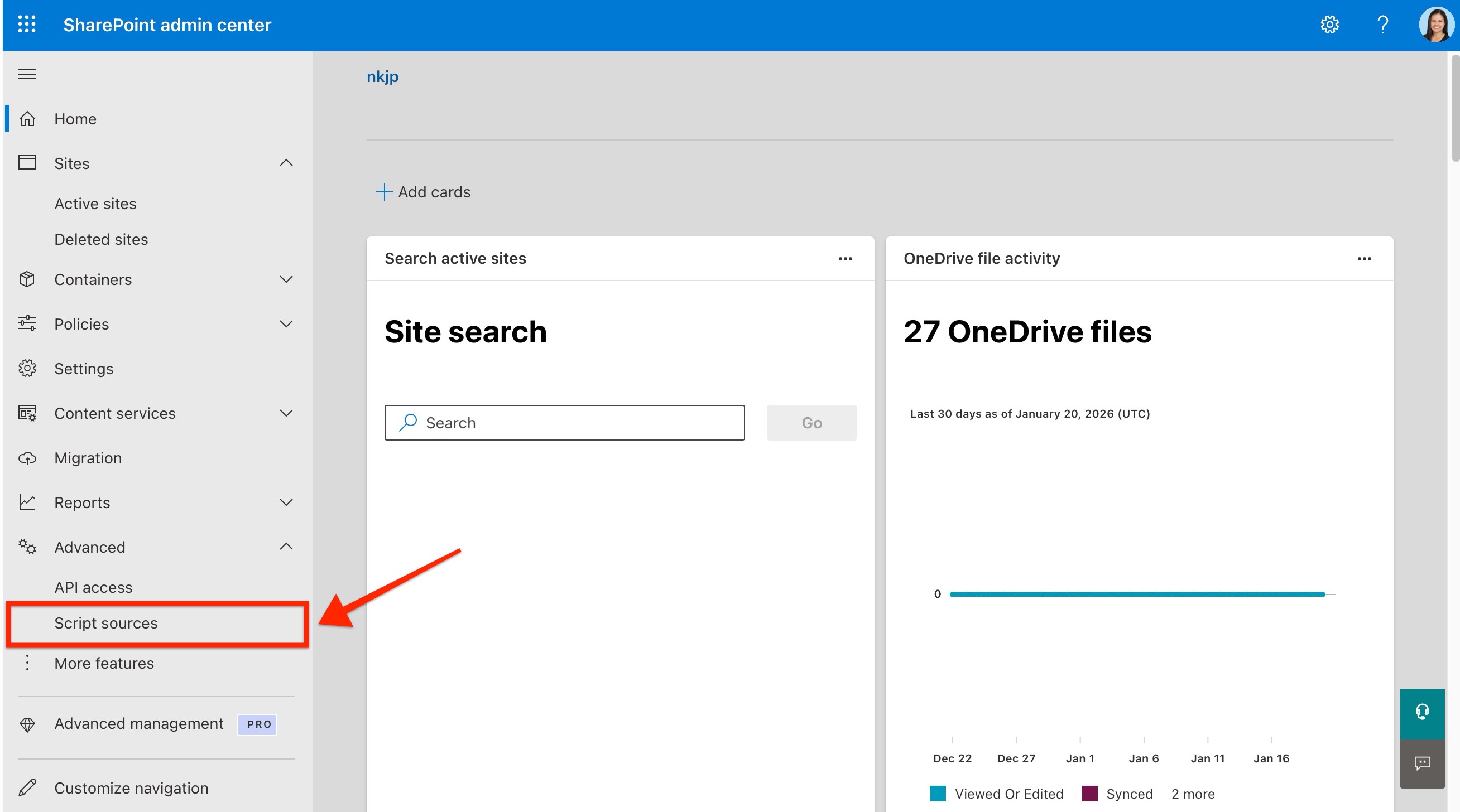 Go to the SharePoint Admin Center and open Script sources