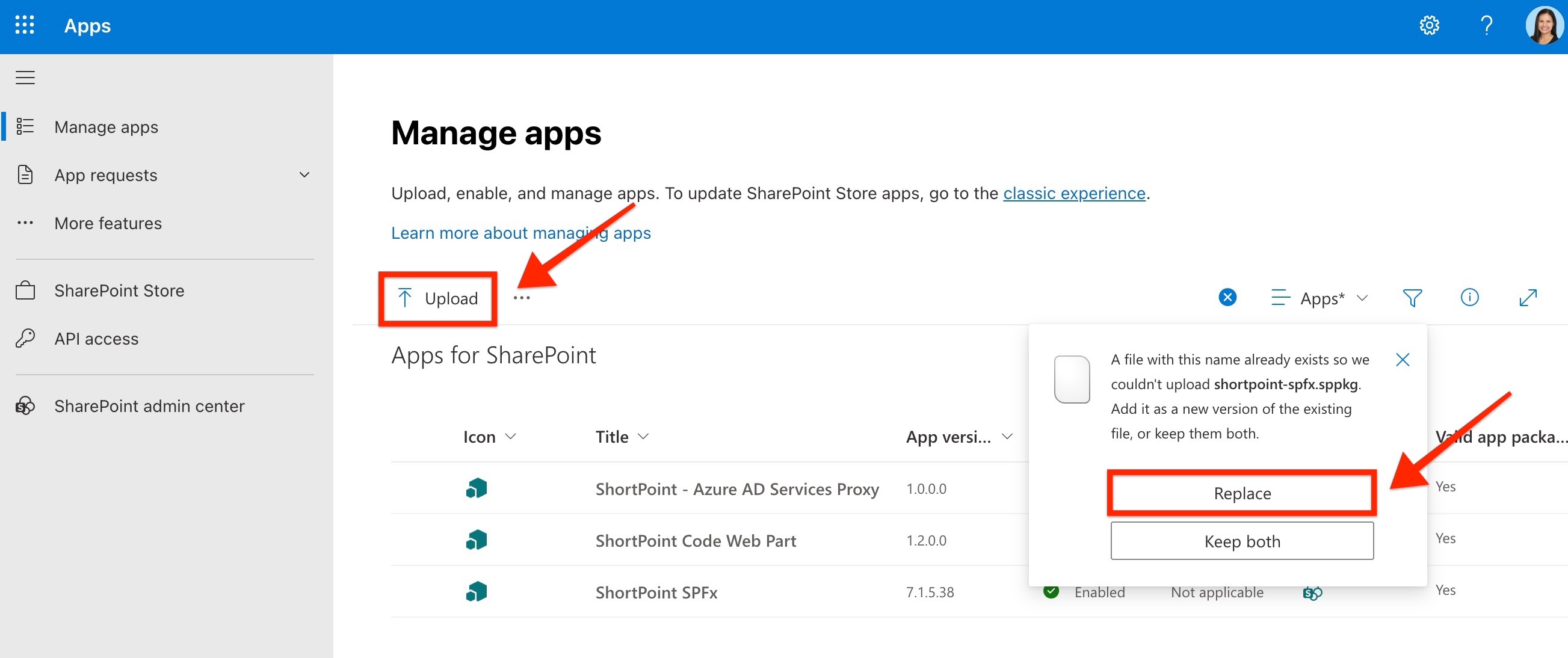 upload the downloaded ShortPoint SPFx package and replace