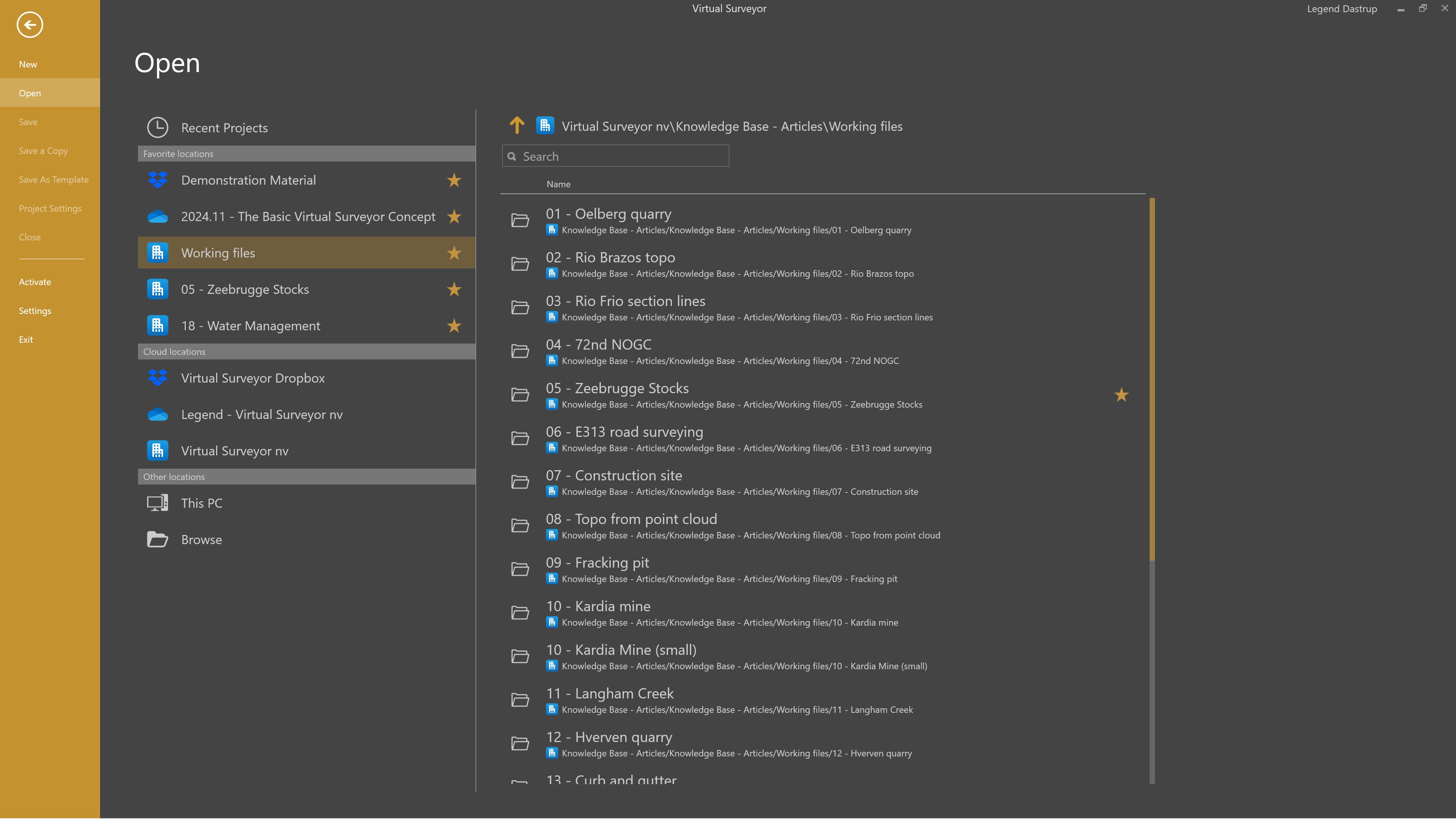 Backstage - Open projects and files overview.