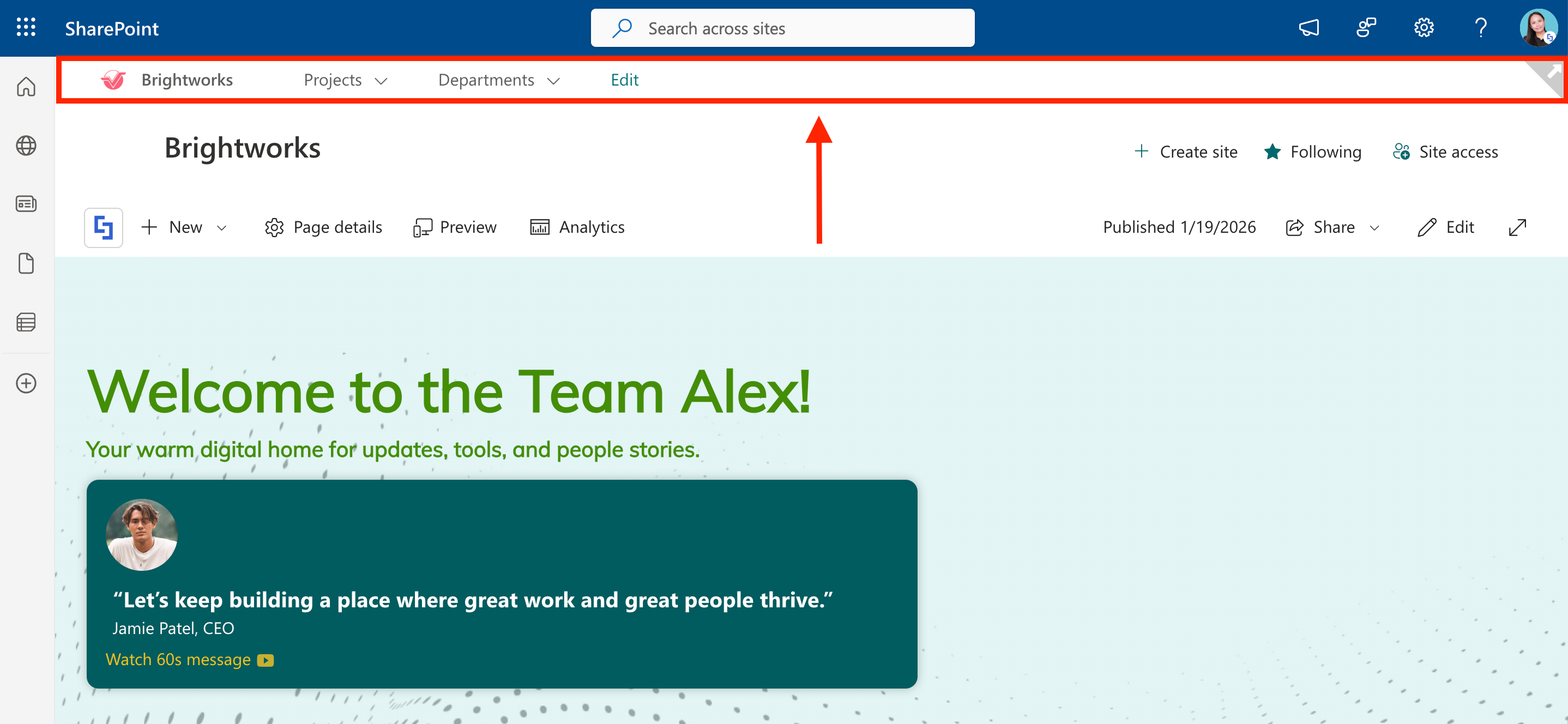 SharePoint hub site navigation