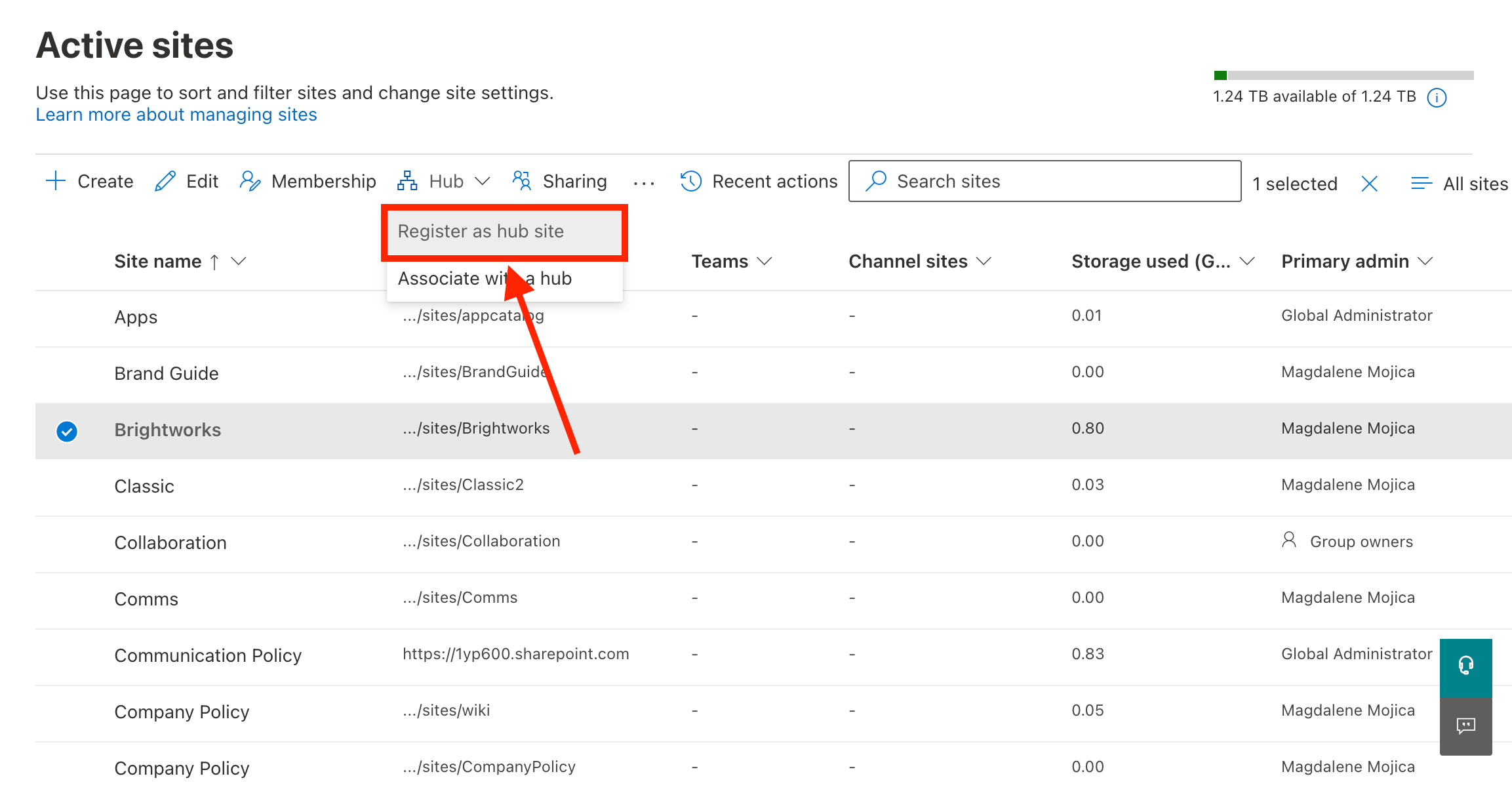 Register as hub site