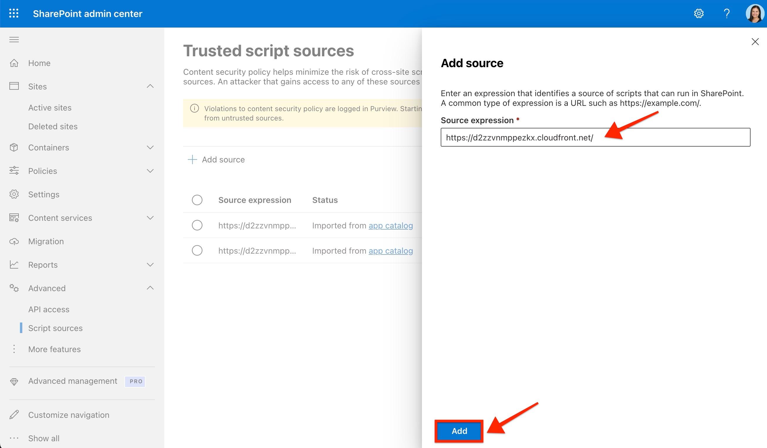 open trusted sources window and add domain url 