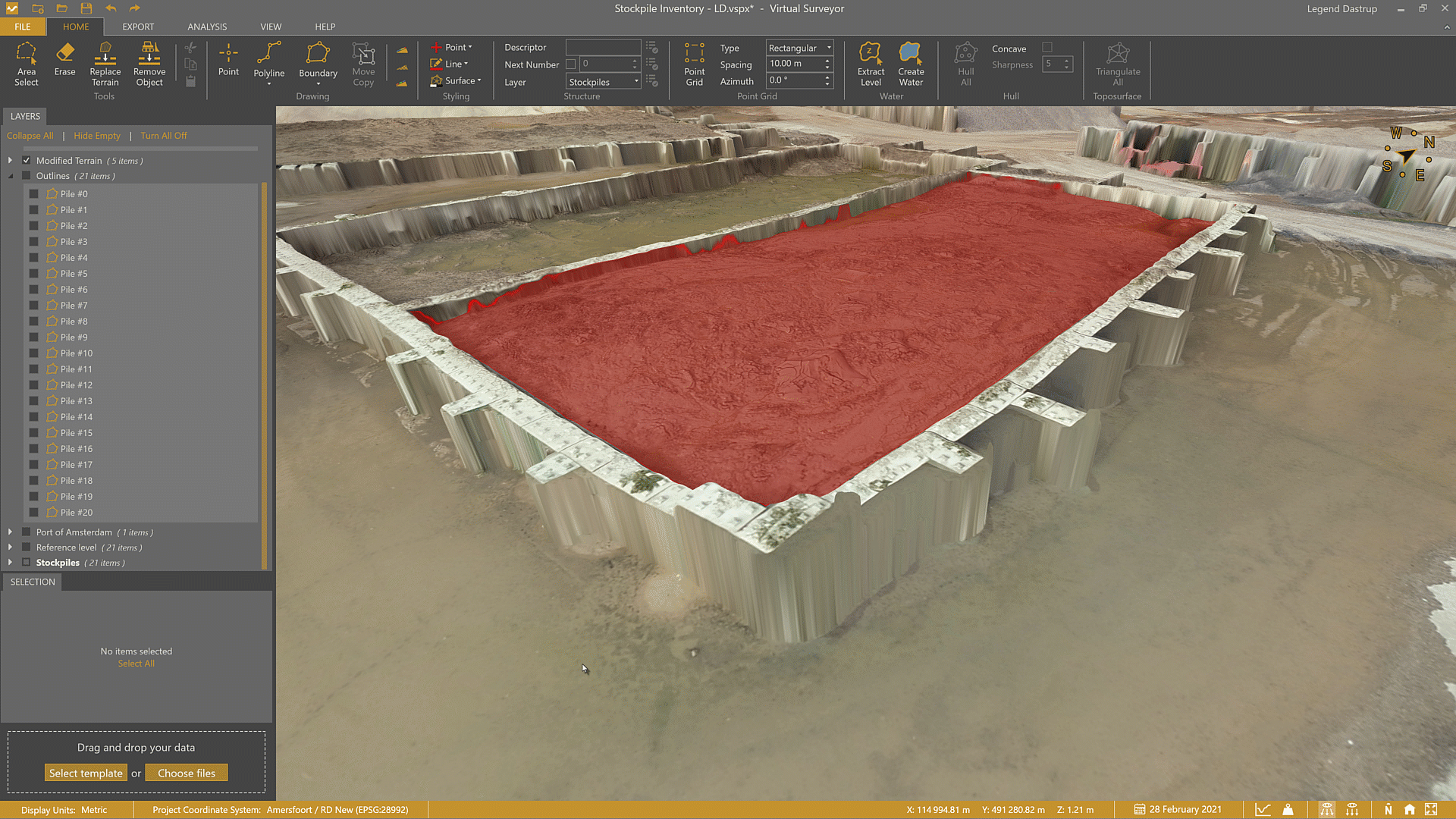 Enclosed wall stockpile shown with the transparency lens enabled