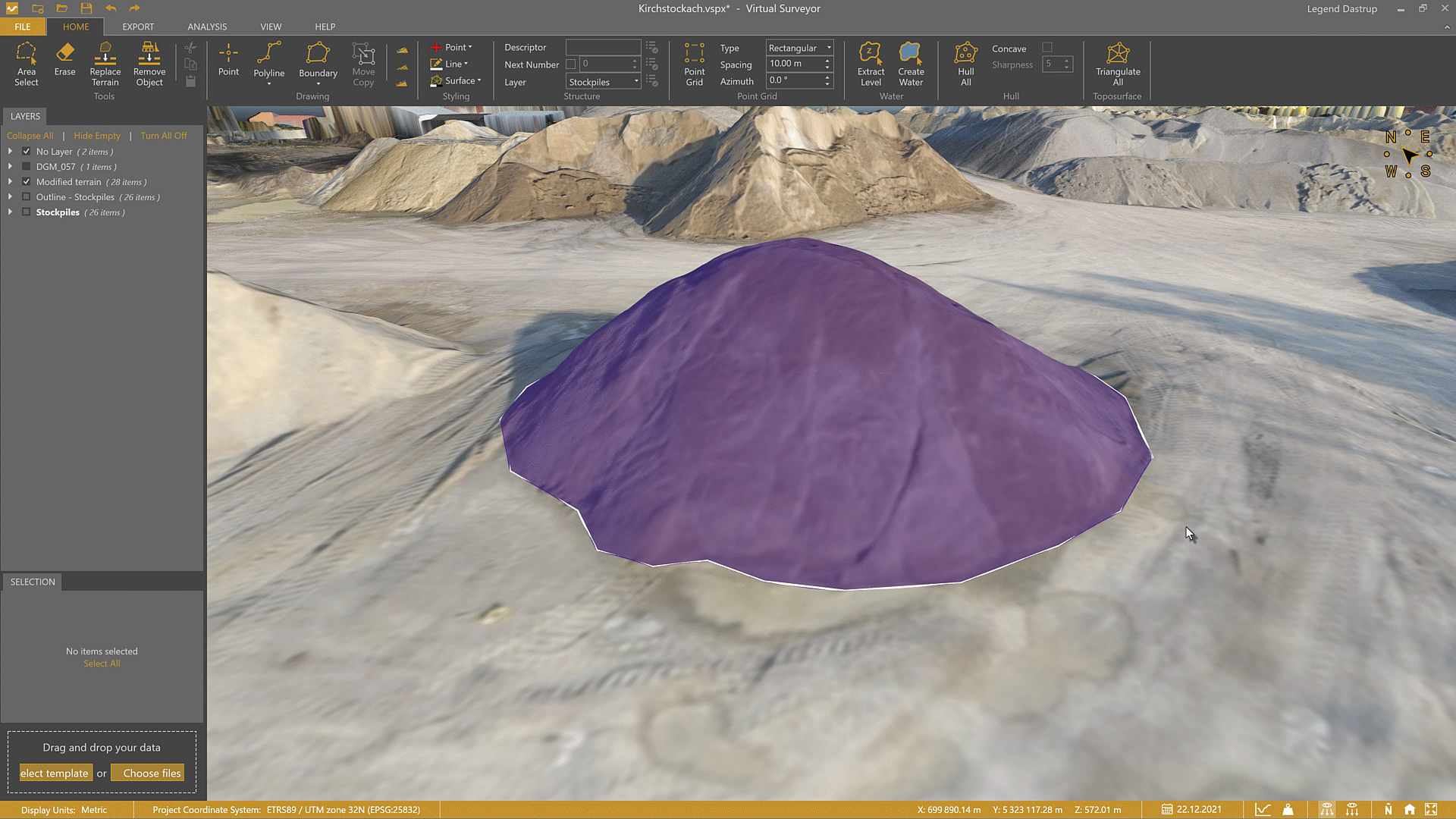 Enable the Transparency lens to validate the surface under the Freestanding stockpile