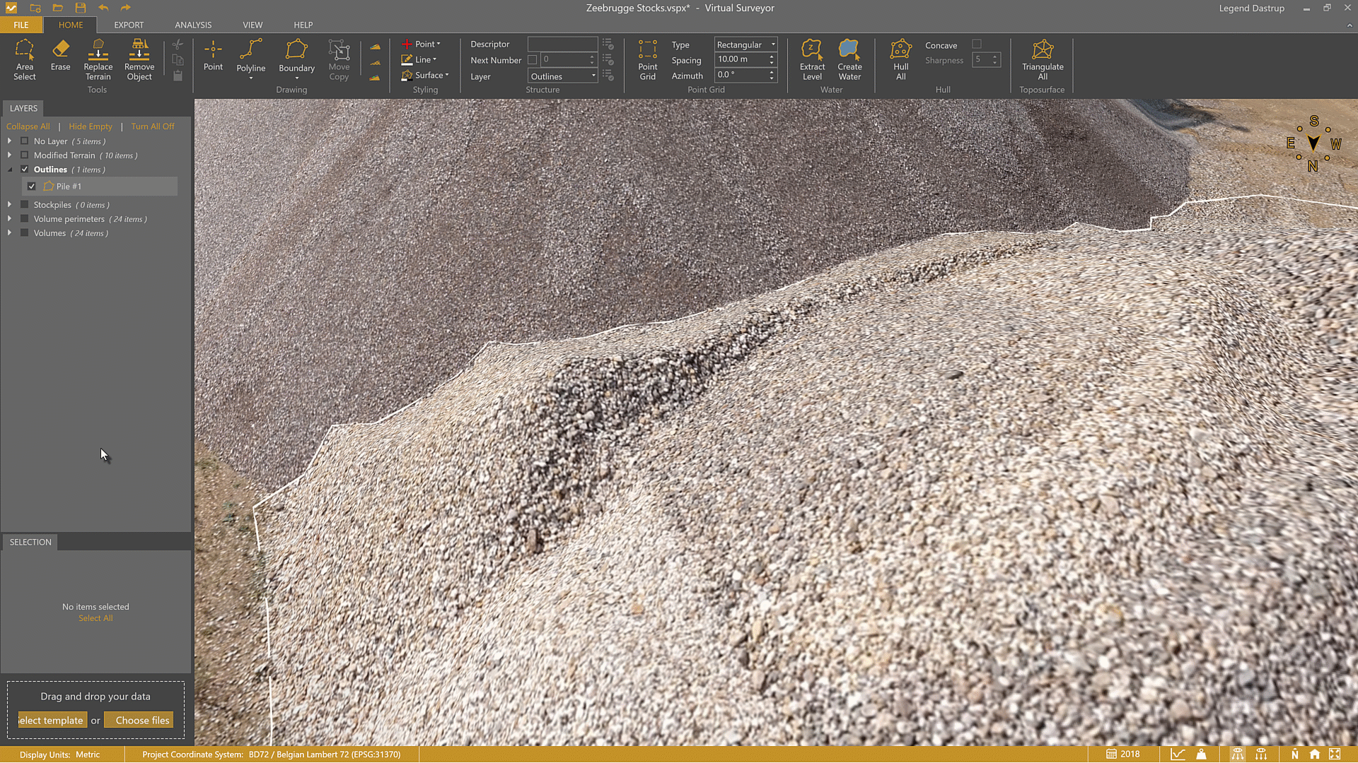 Use Interpolate Z to set the pile outline at ground level below the overlapping stockpiles