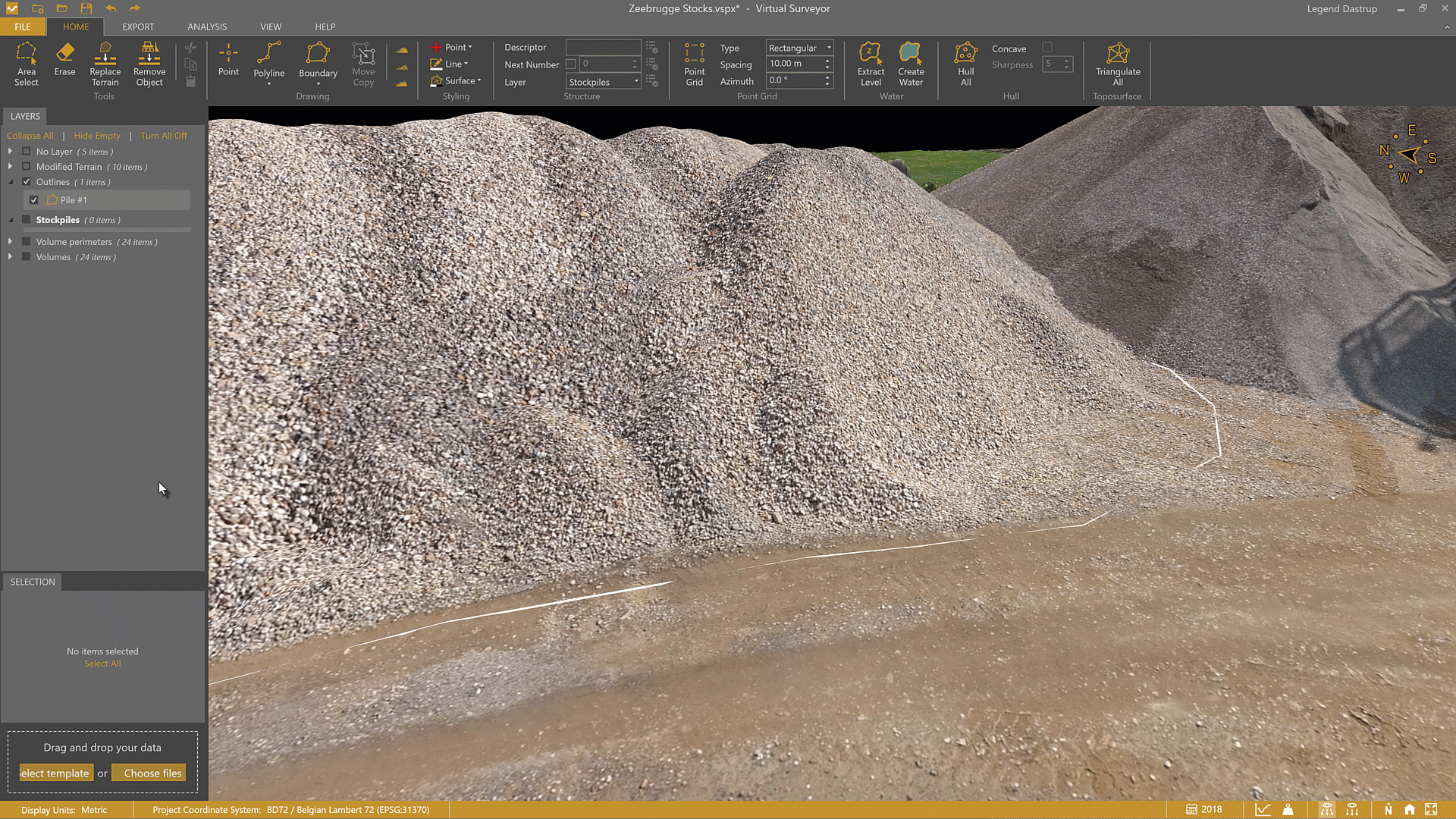 Create the stockpile and validate the surface using the Transparent lens.