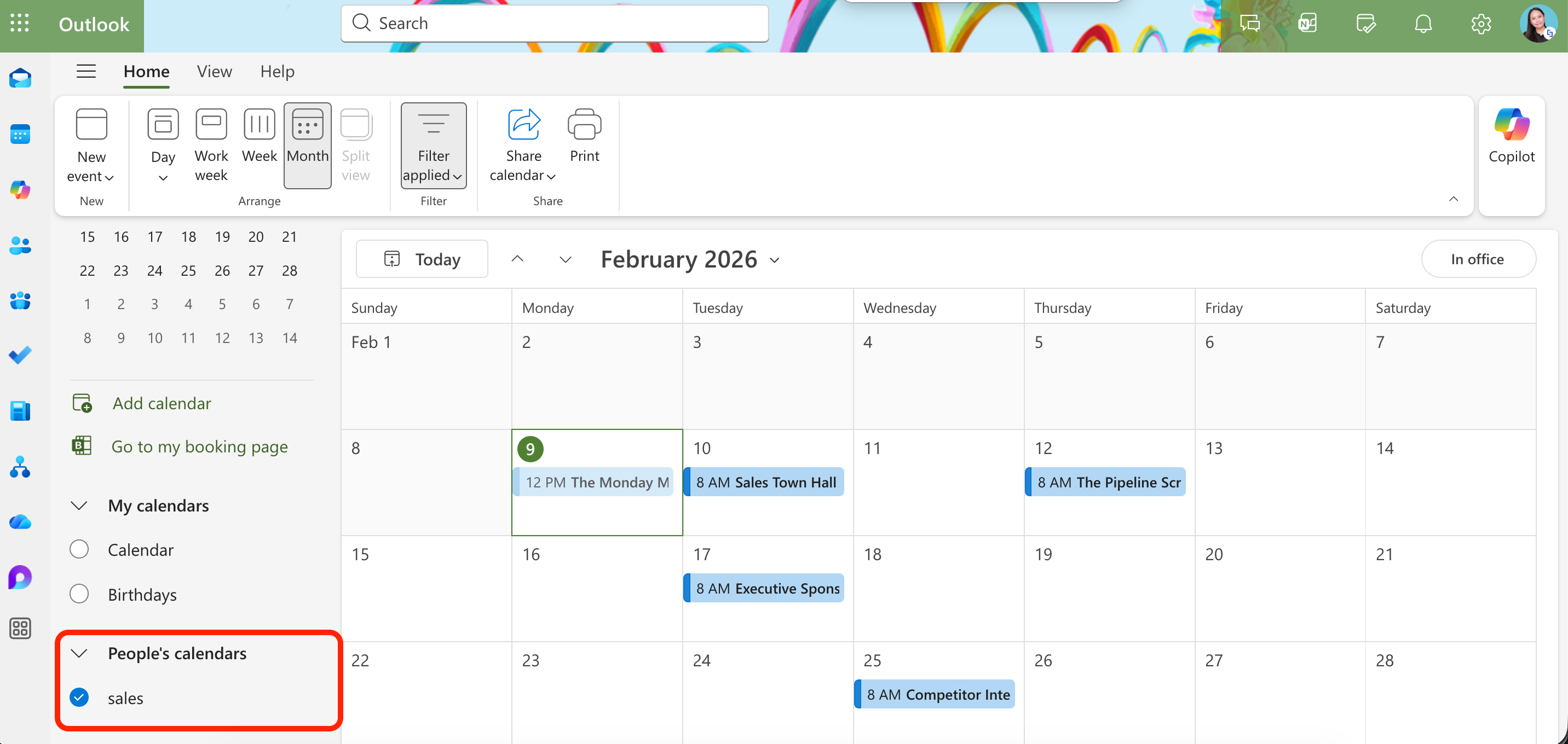 sample calendar in main account