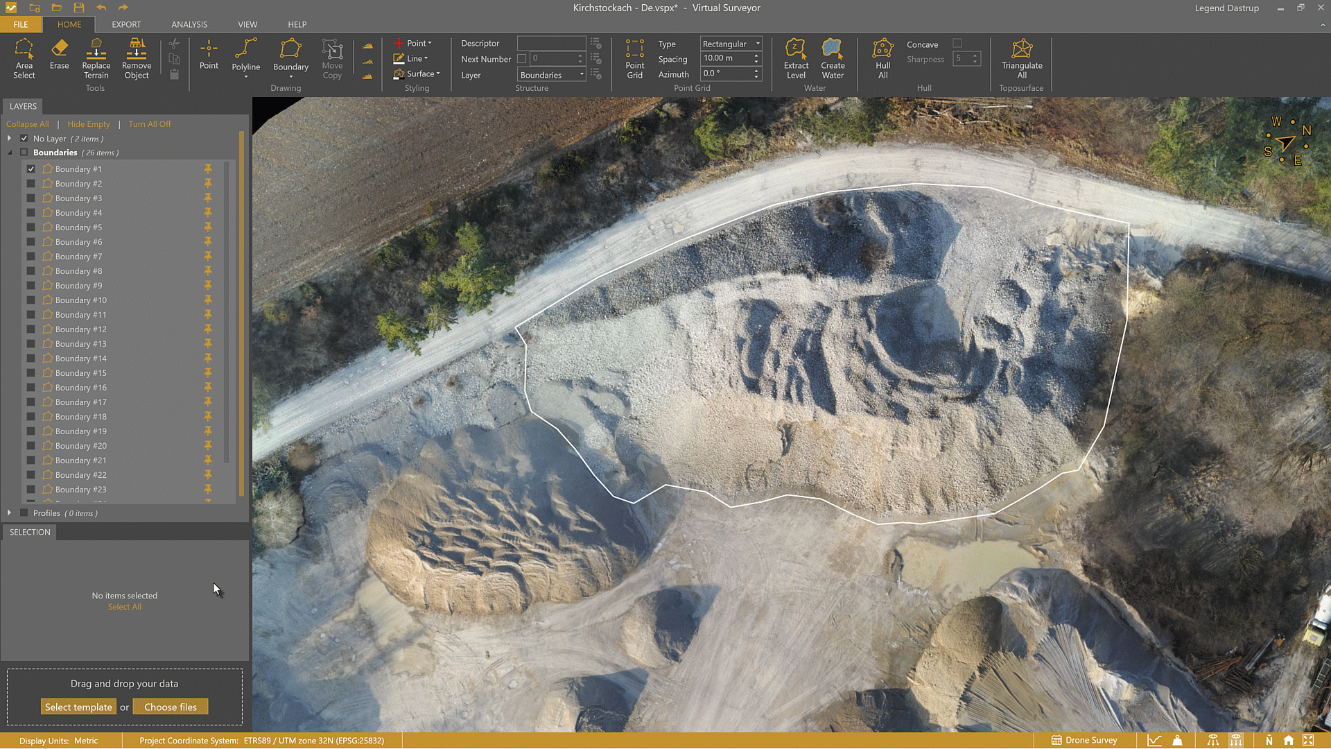 Draw a breakline for the toe of the bank under a stockpile.