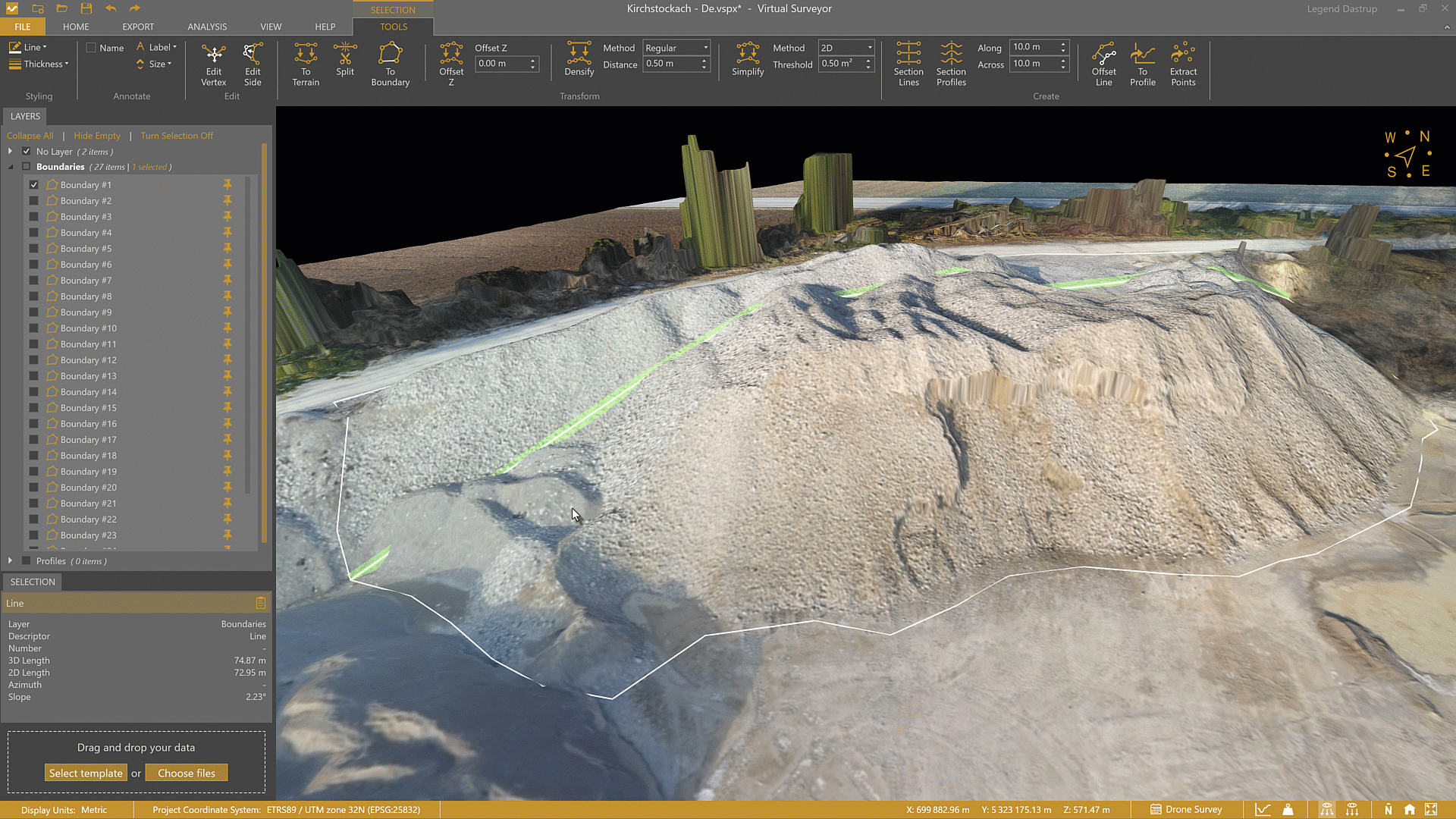 Showing the breakline drawn under the stockpile and the created triangulate surface under the stockpile with the transparency lens enabled