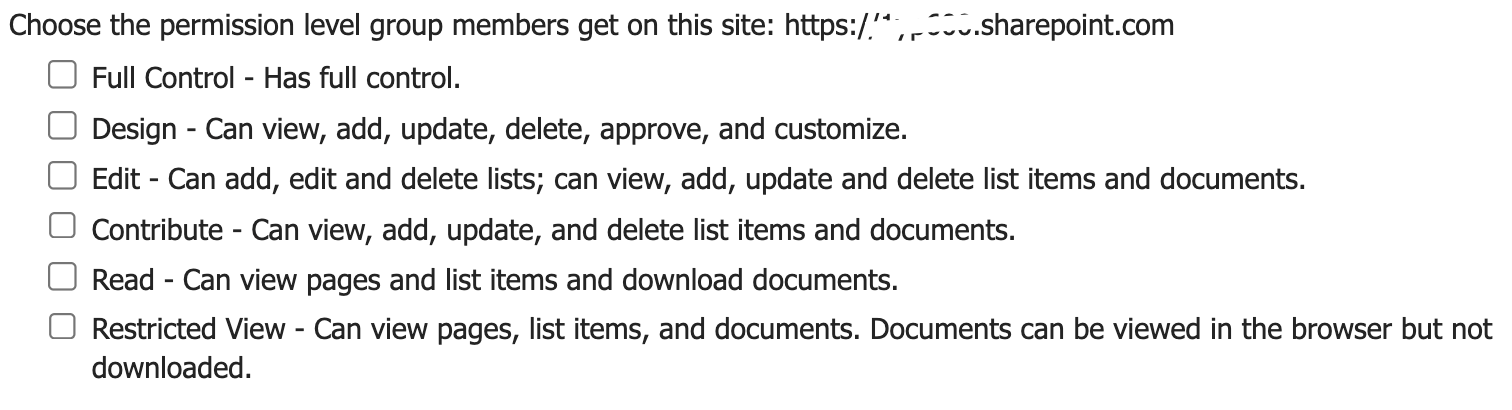 Choose the permission level group members get on this site