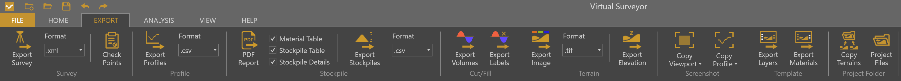 Export tab in the VirtualSurveyor app.