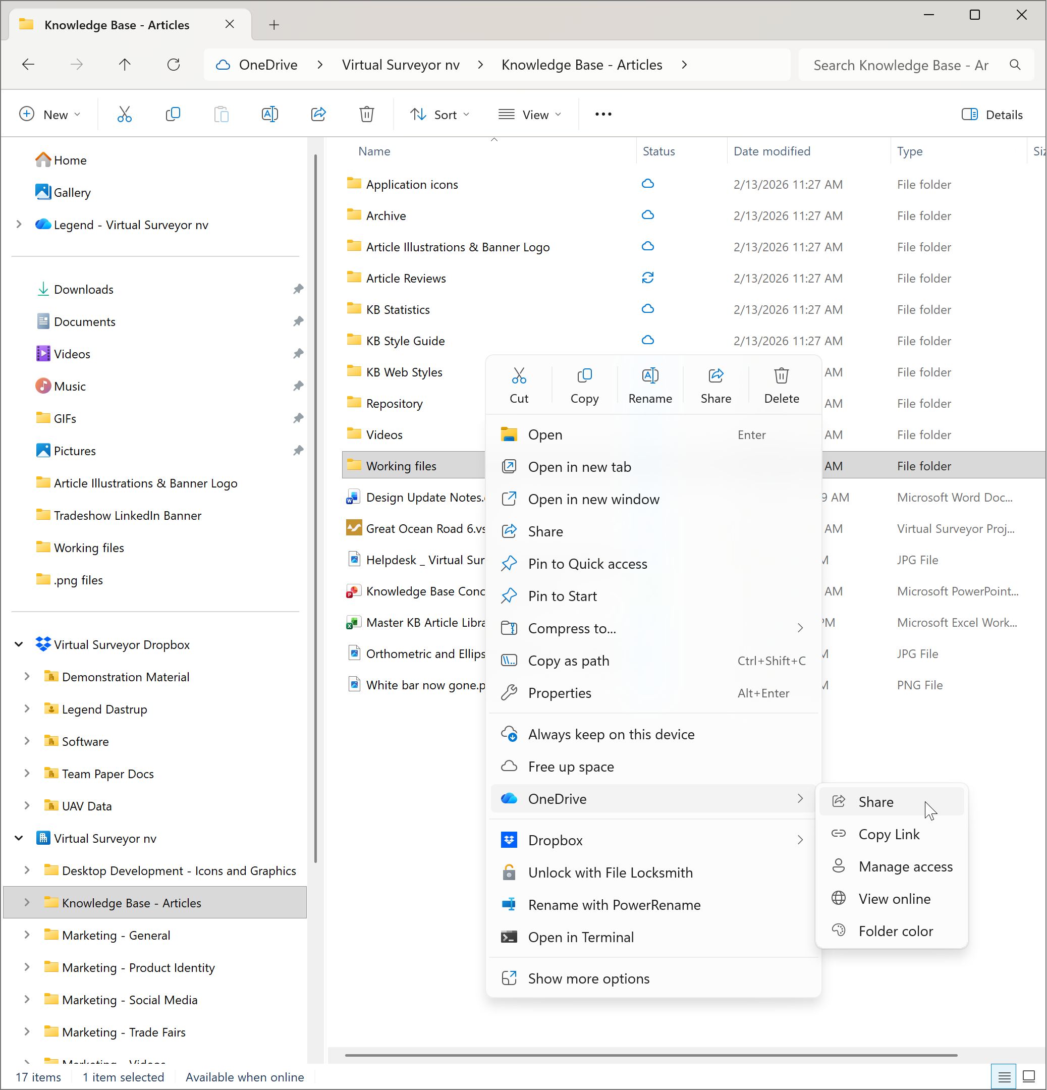 Use right-click on a project folder to Share a project externally using OneDrive.