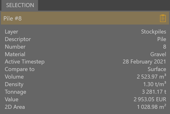 Stockpile information found in the Selection box on a selected stockpile. You can recalculate your stockpile from here using the encircling arrows.