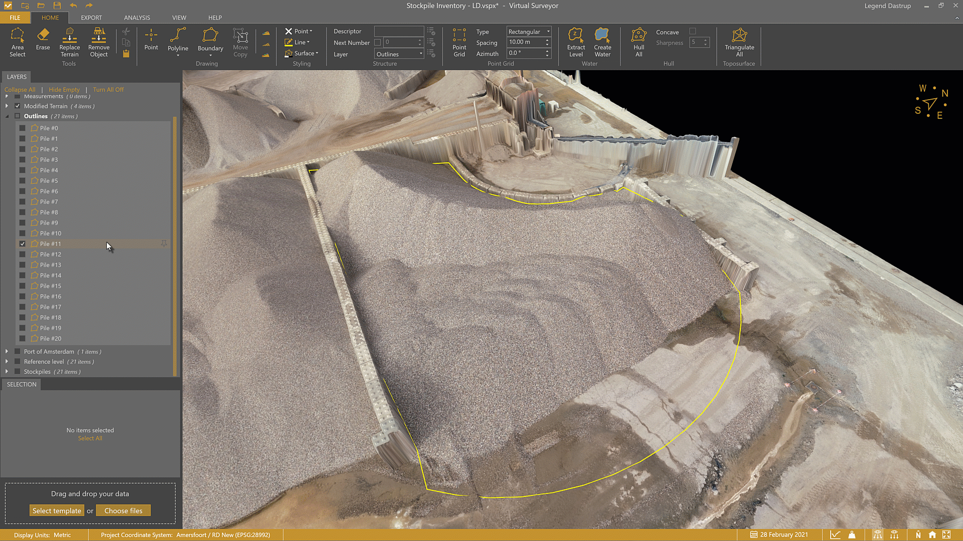 Creating a complex stockpile outline by manually setting the Z value and interpolating between highest and lowest points.