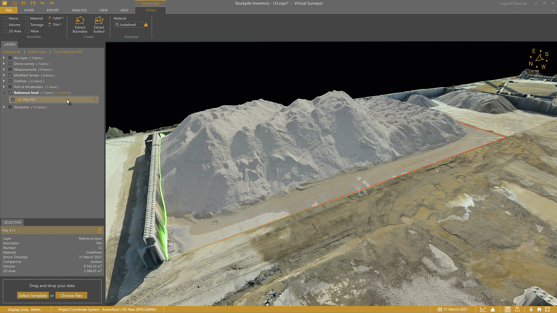 Using Extract Surface with Modify Terrain to visually validate the baseline of a stockpile.