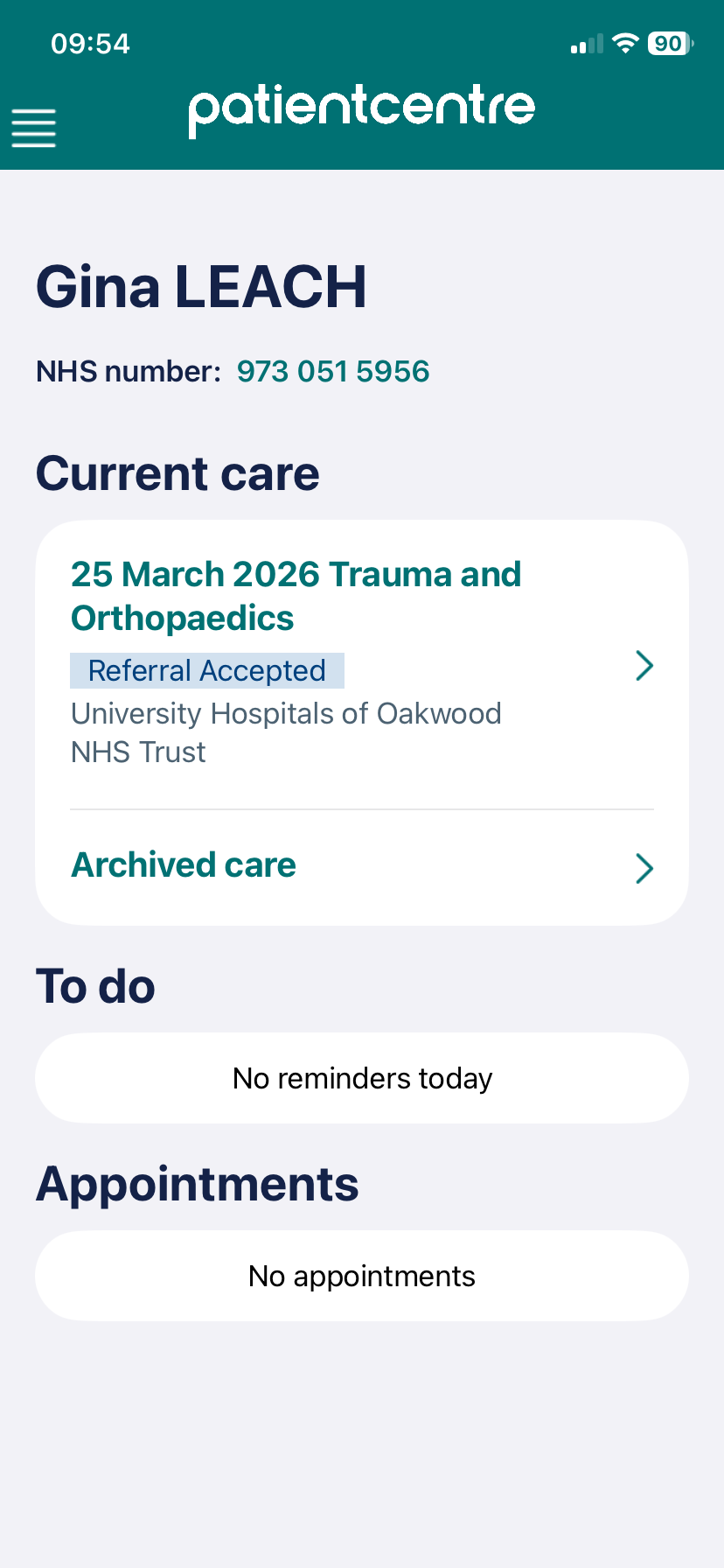 Patientcentre home screen