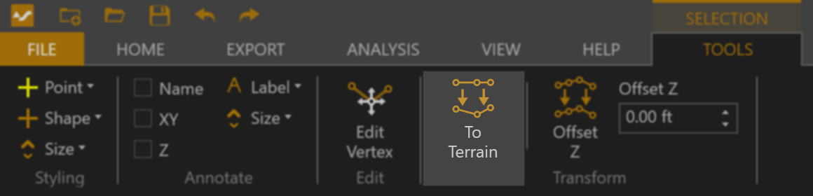 To Terrain tool found in the Tools tab with a selected geometry.