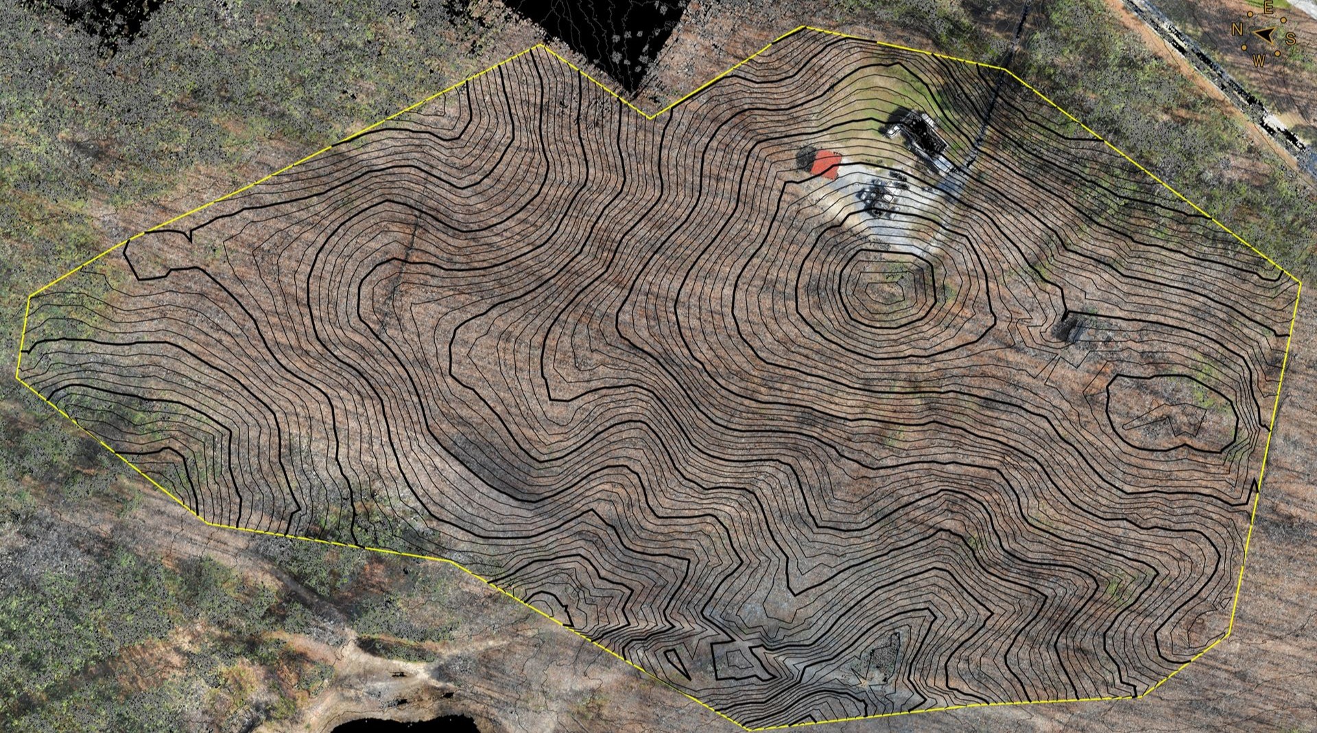 Contour results generated from a low-pass point grid created on a ridge, with breaklines and manually placed points.