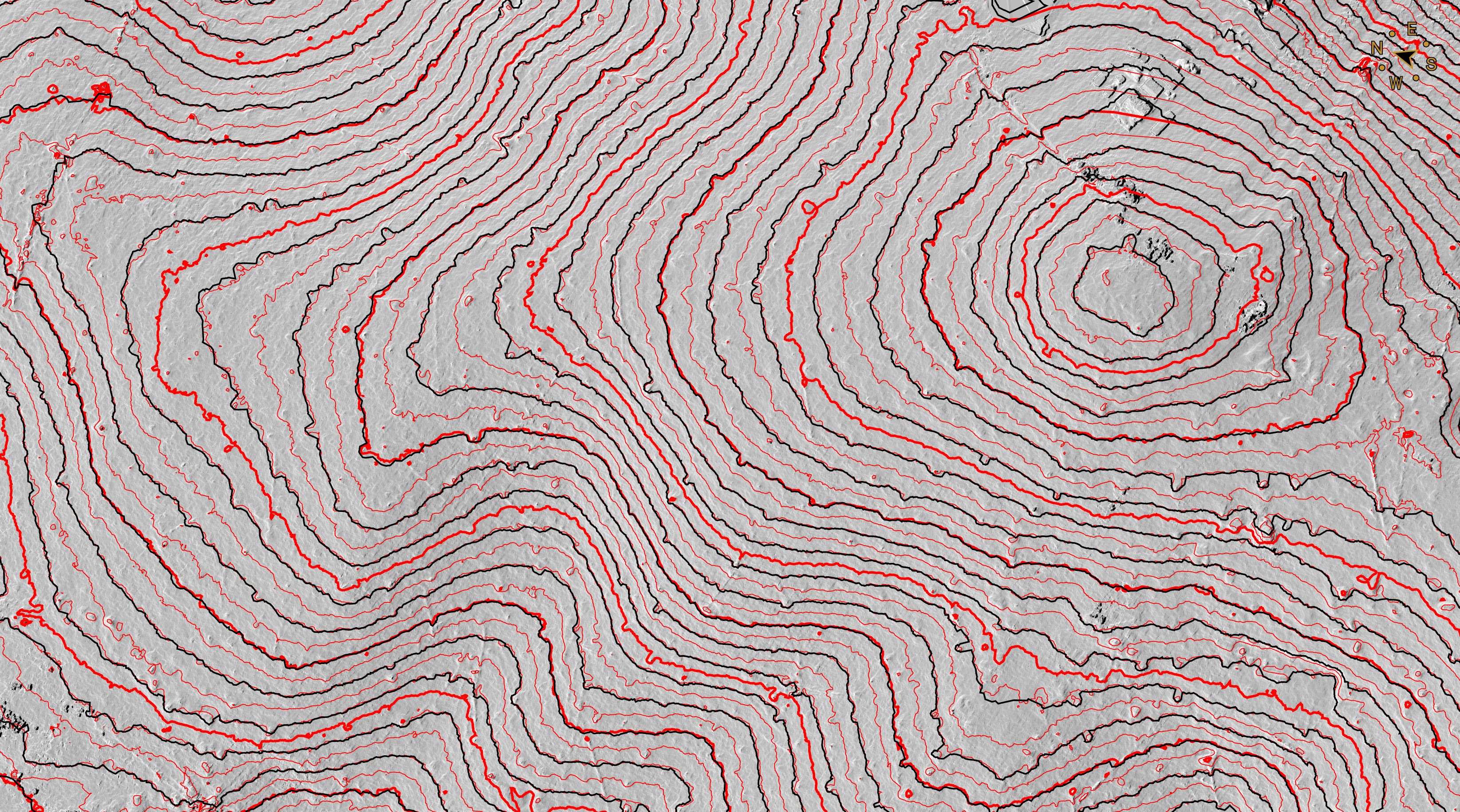 Comparison of a 30 cm point grid shown as red contours overlayed with LiDAR contours.