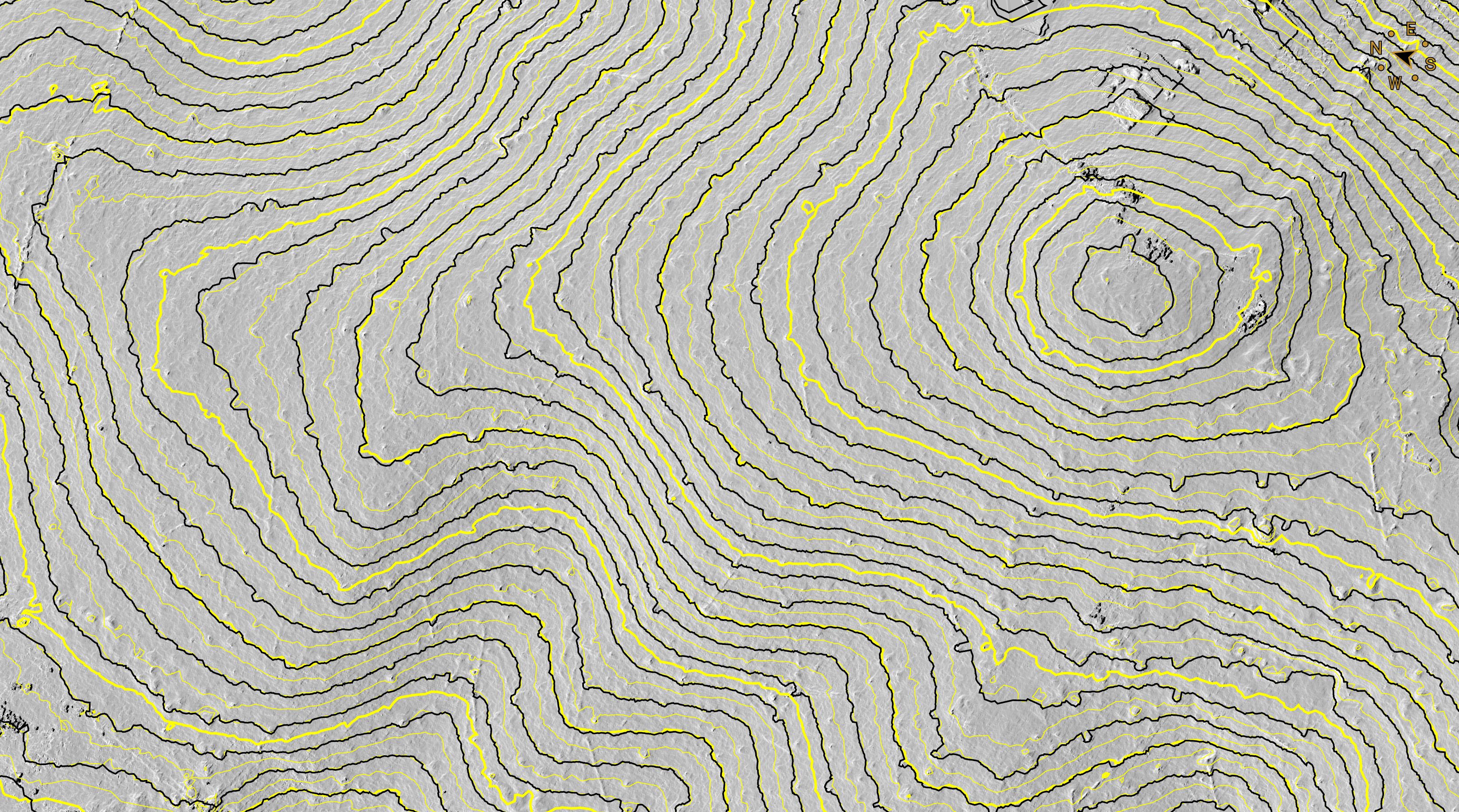 Comparison of a 1 m point grid shown as yellow contours overlayed with LiDAR contours.