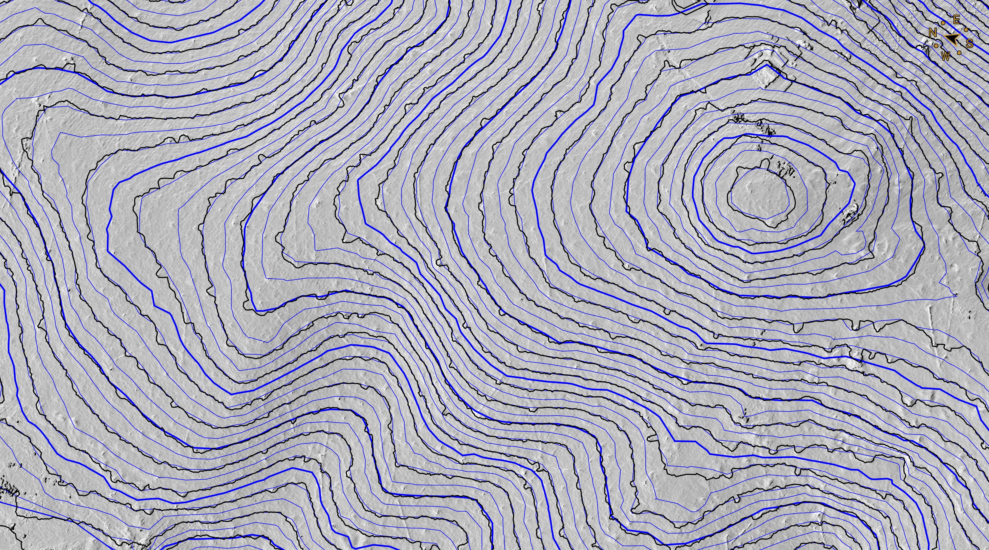 Comparison of a 5 m point grid shown as blue contours overlayed with LiDAR contours.