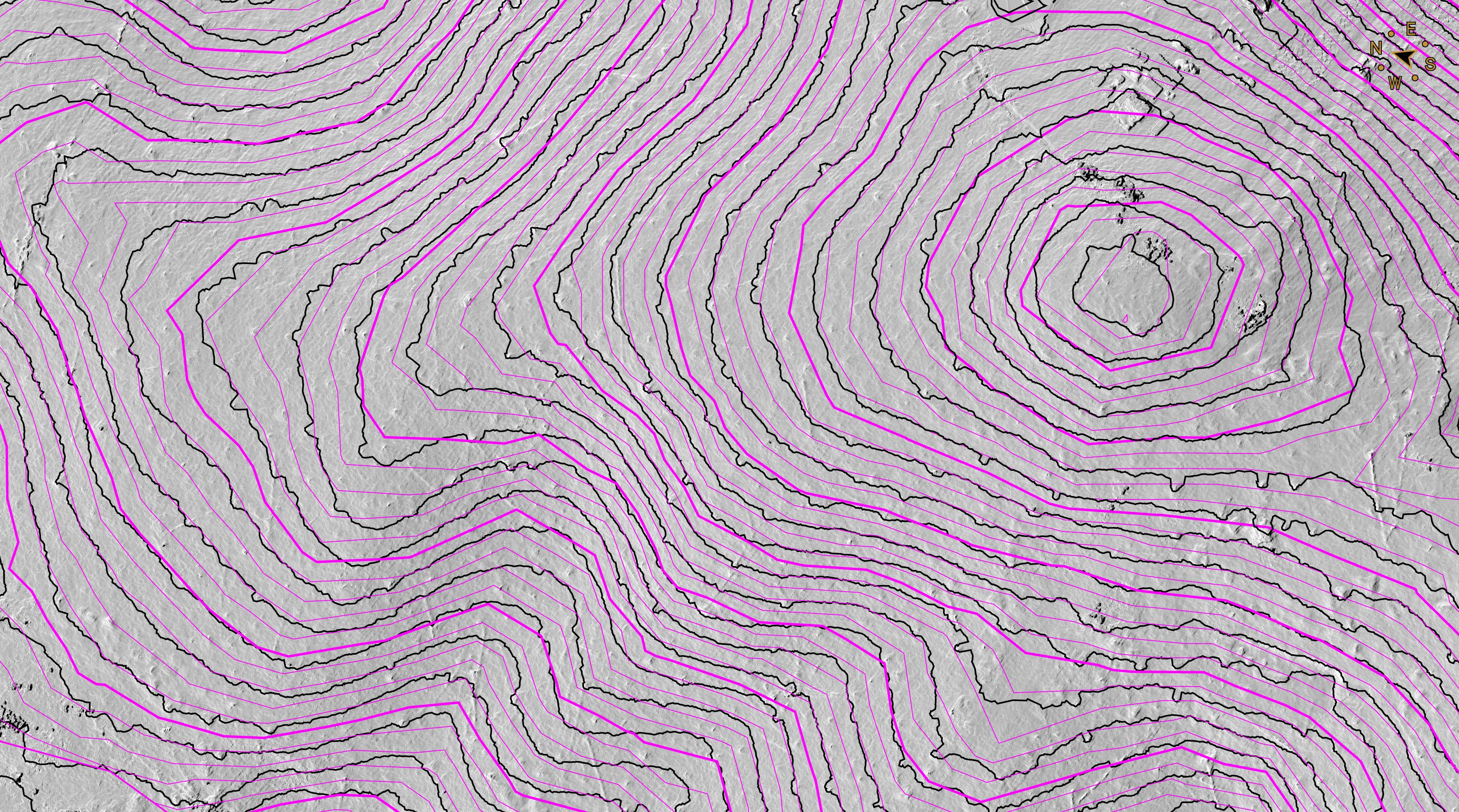 Comparison of a 15 m point grid shown as magenta contours overlayed with LiDAR contours.