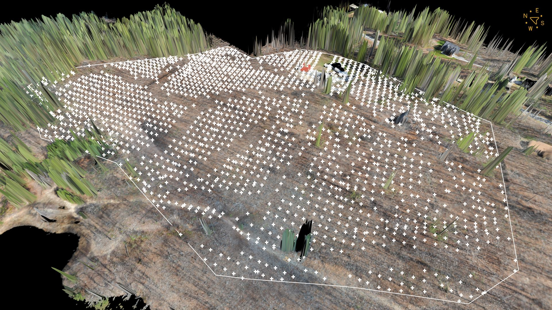 Low-pass point grid generated on an area with ridges. There are gaps on the ridges where points are still needed.