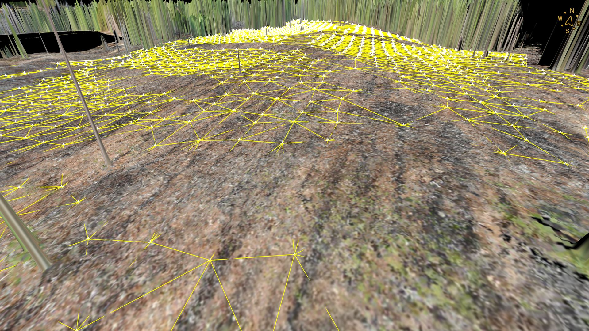 A generated TIN from the low-pass points showing that the triangles go under the terrain and are not capturing the ridges.