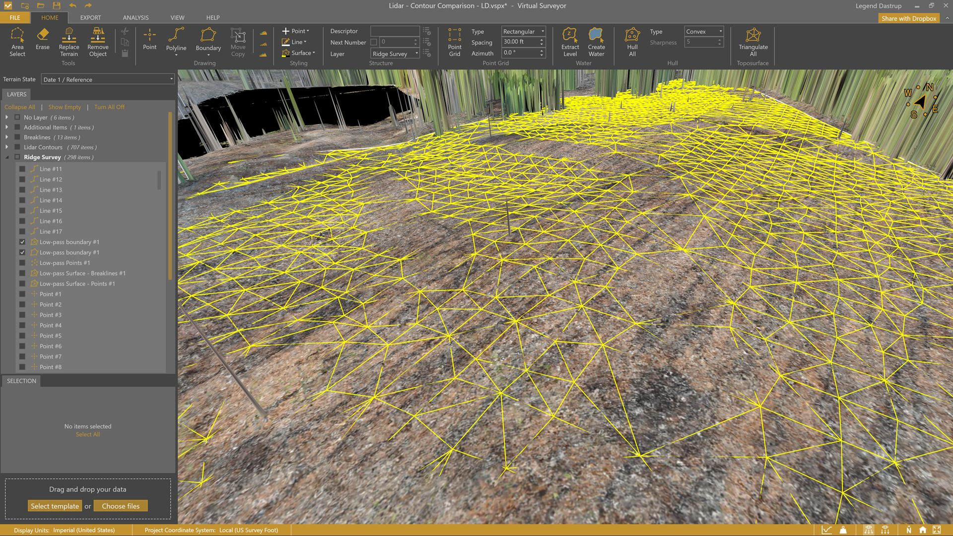 Incomplete surface as a TIN still needing additional points to cover the ridges.