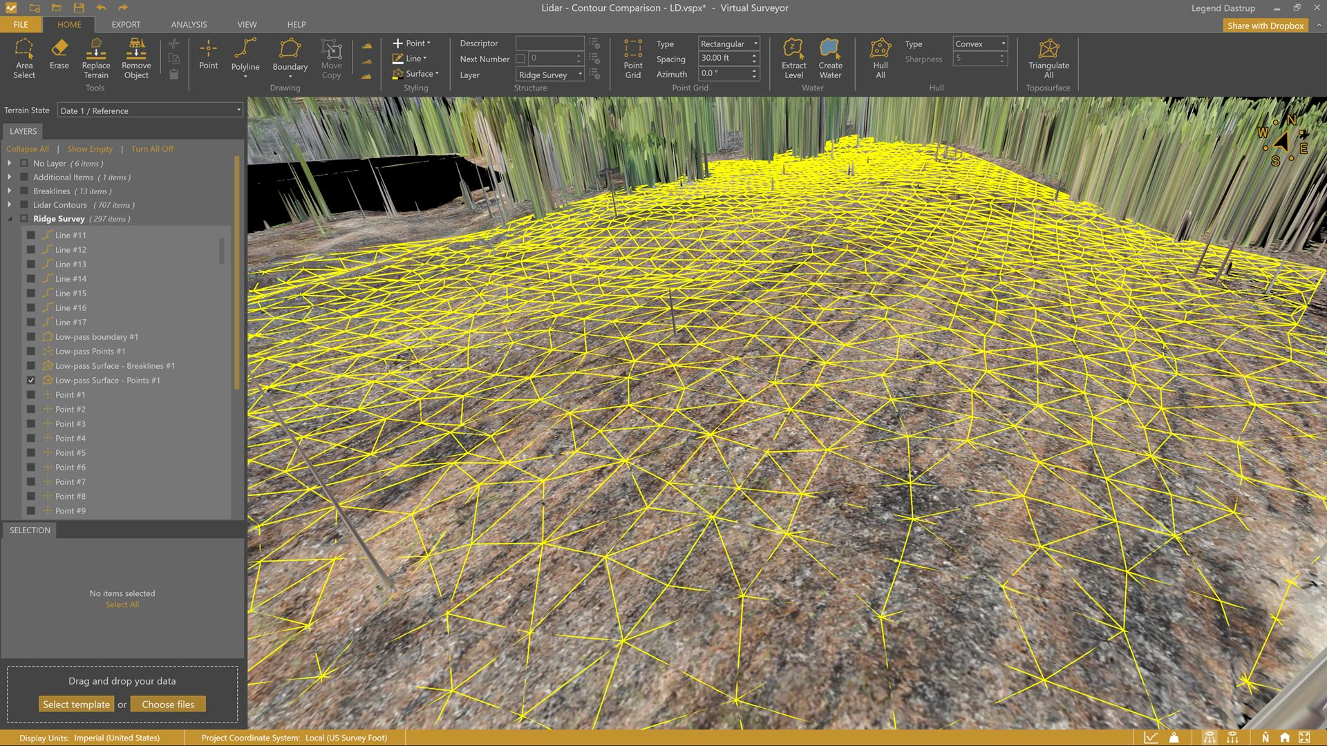 Complete topo surface (TIN) made after combining the Low-pass point grid tool with additional points or breaklines.