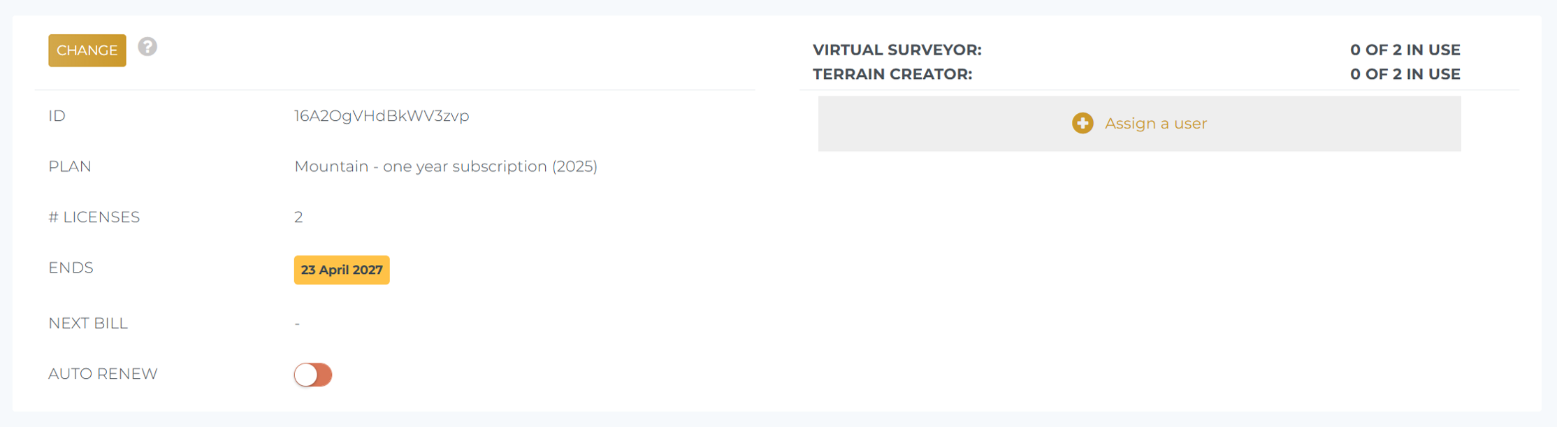CHANGE option available to change the plan, how long the subscription term is, and how many licenses (or open seats) are available for your subscription.