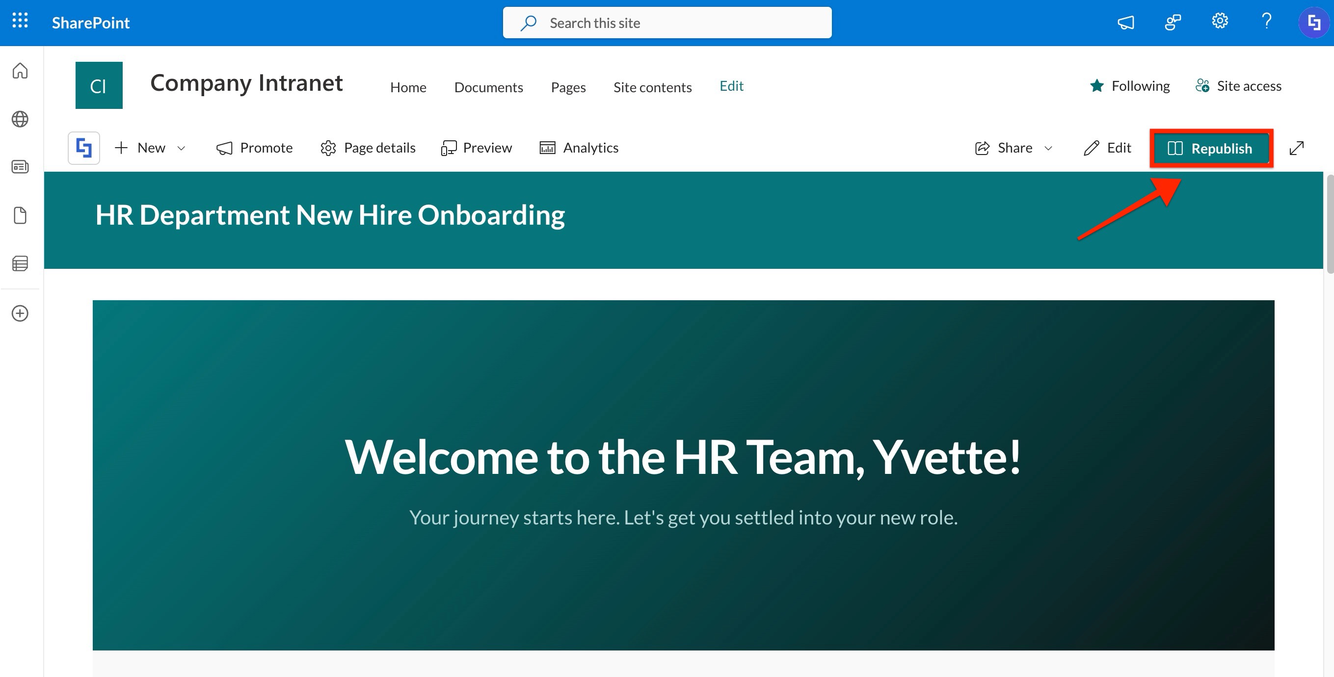 Clicking the Republish button to make the finished HR onboarding intranet page live