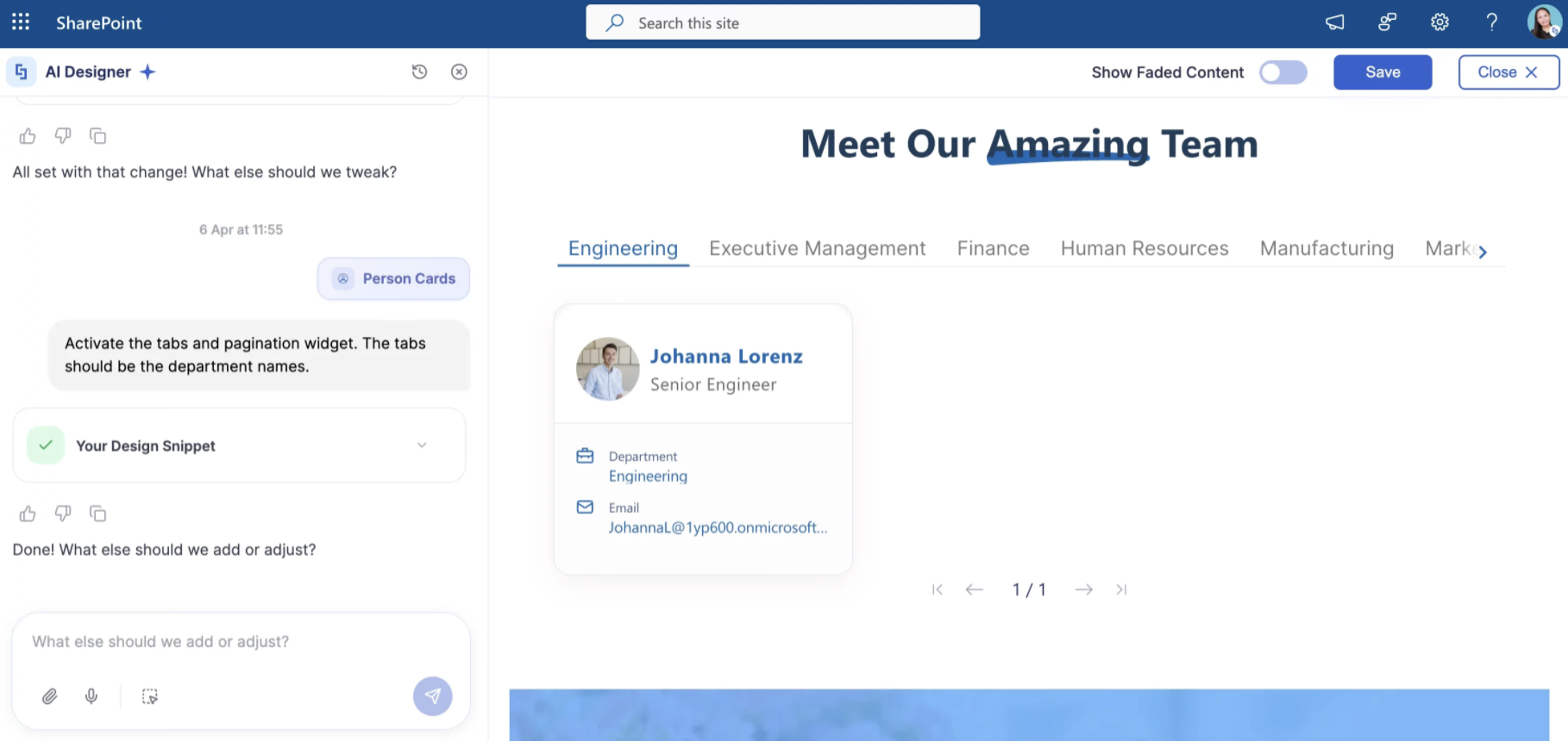 Interactive tabs and pagination widgets applied to the generated page