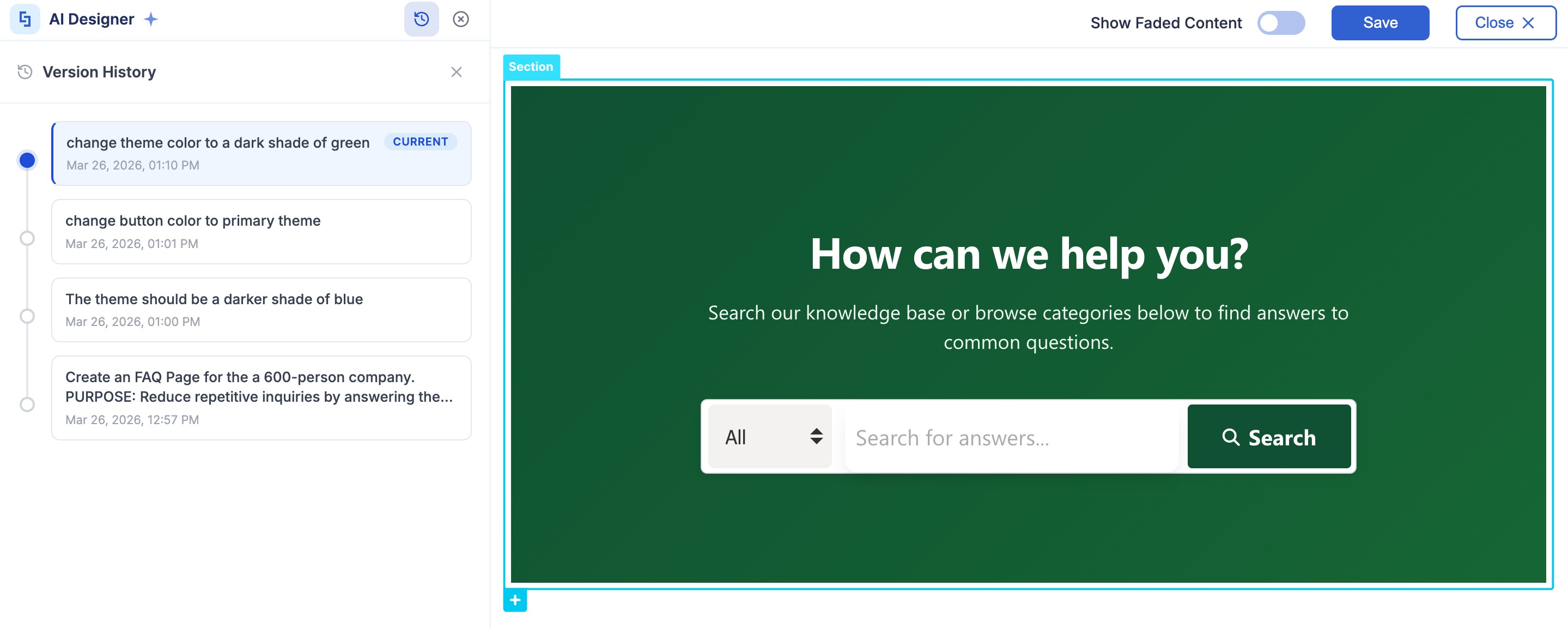 Version history interface in the ShortPoint AI Designer