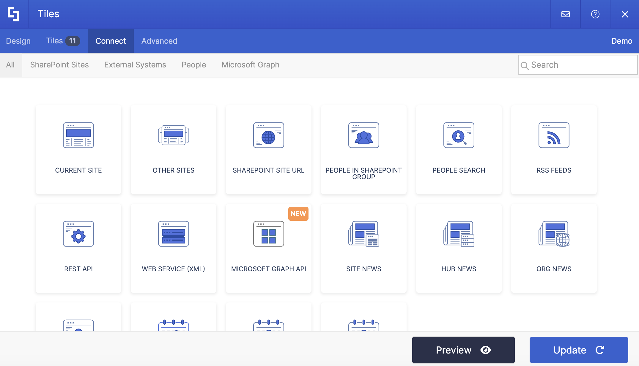 Connection types interface in the ShortPoint page builder