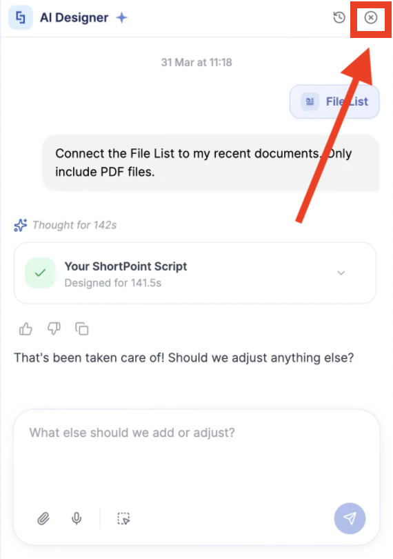 Closing the AI Designer sidebar interface panel