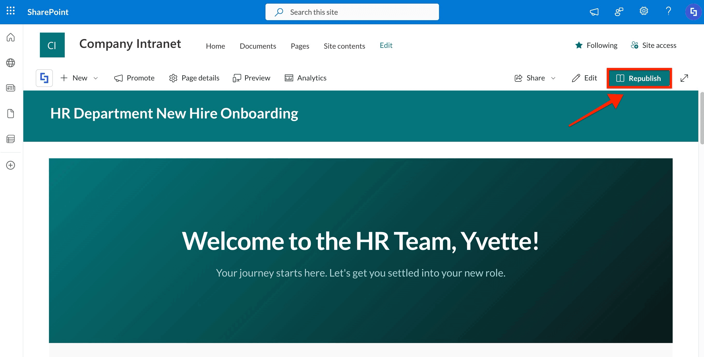 Publishing the final live page once you successfully generate your first intranet page