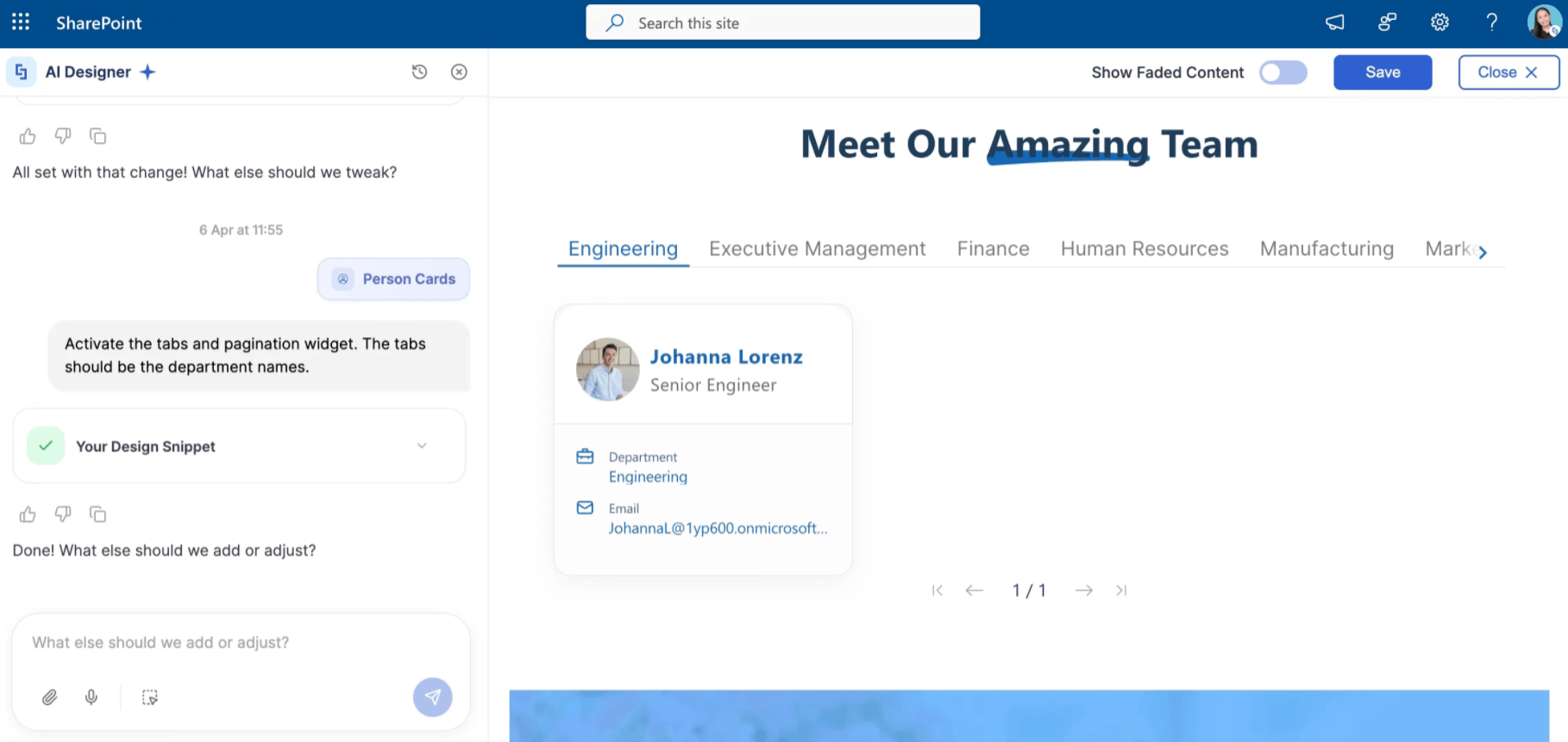 Interactive tabs and pagination widgets applied to the generated page