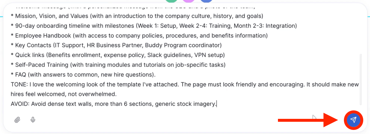 Clicking the blue send icon to submit a detailed design prompt in how to use text prompting in ShortPoint AI Designer