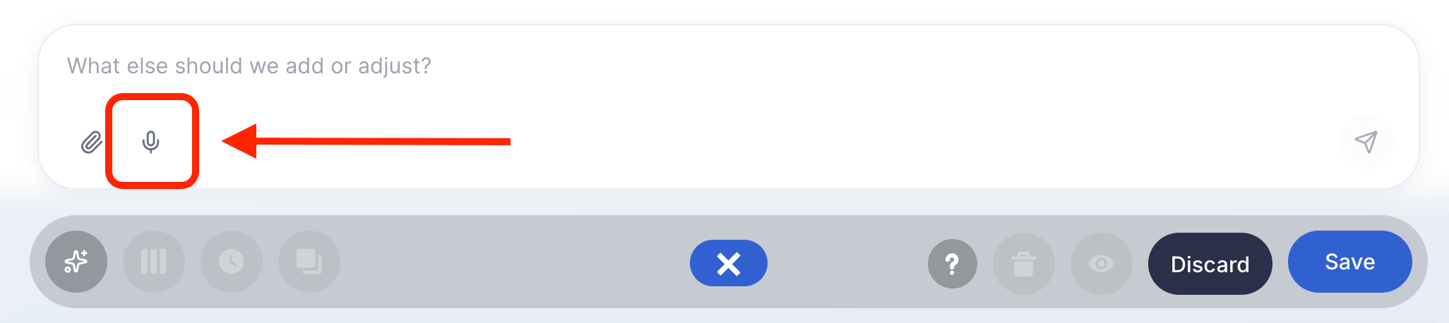 Activating the microphone icon to capture spoken design commands inside voice prompting