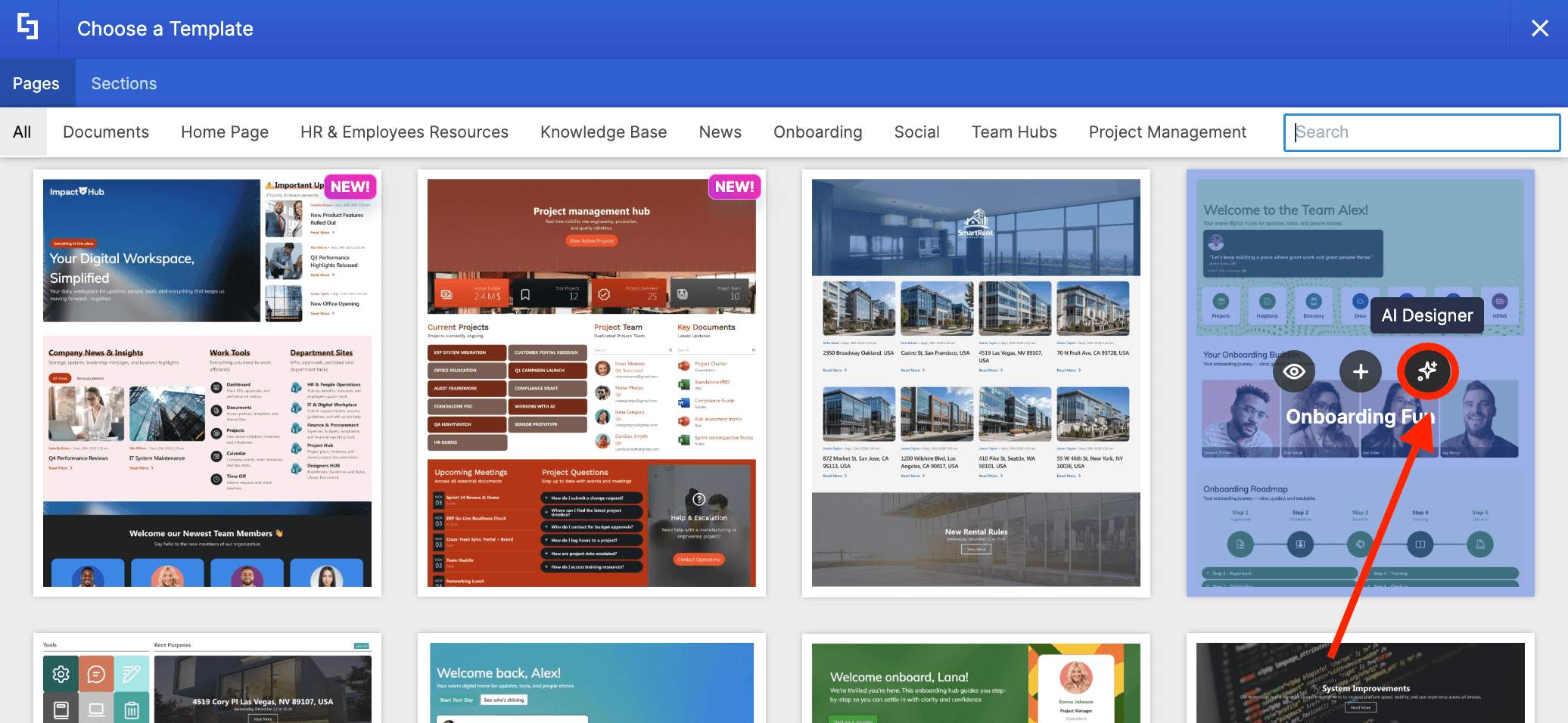 Opening the template customization window by clicking the AI Designer icon
