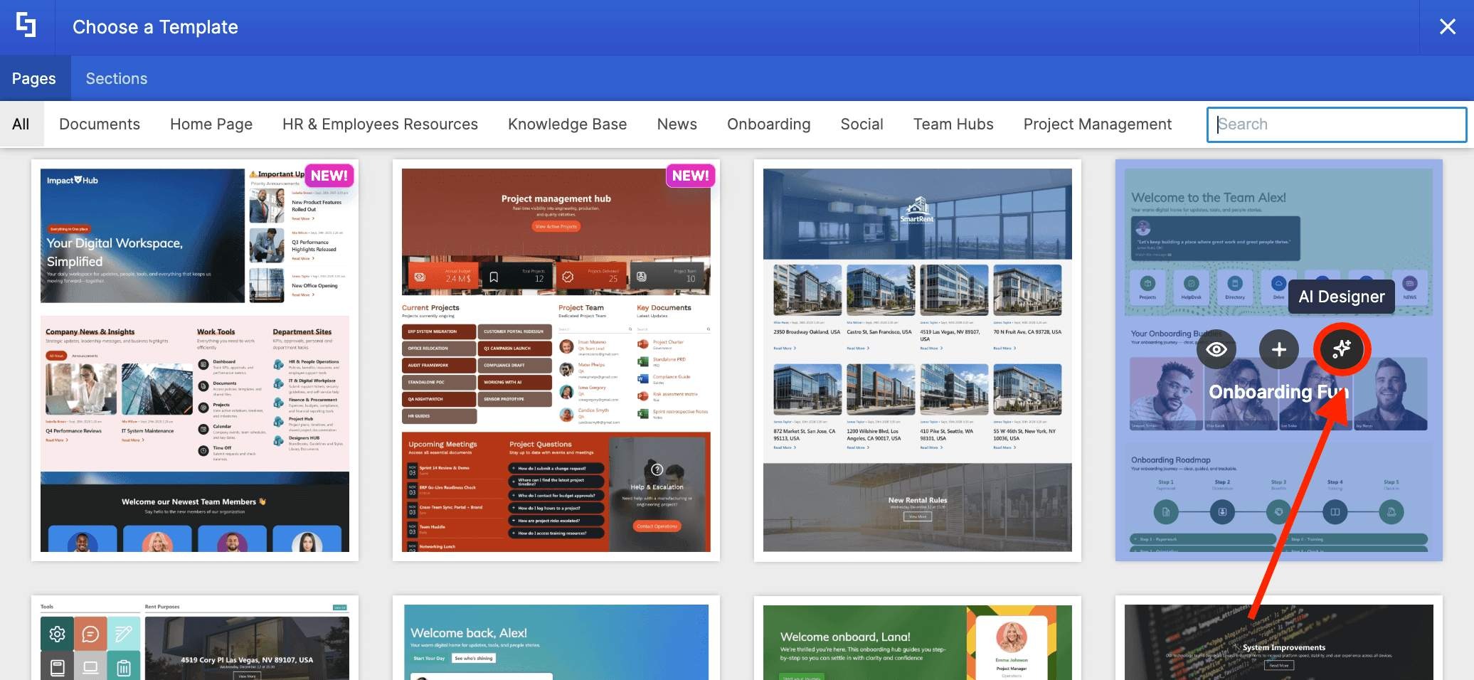 Opening the template customization window by clicking the AI Designer icon